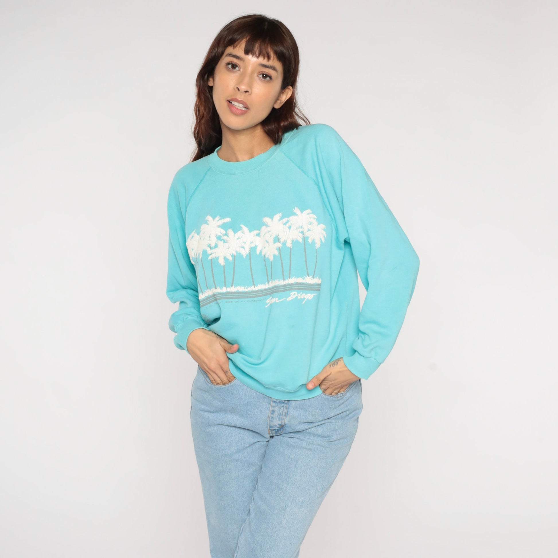 90s San Diego Palm Tree Sweatshirt Turquoise Raglan Crewneck Medium M