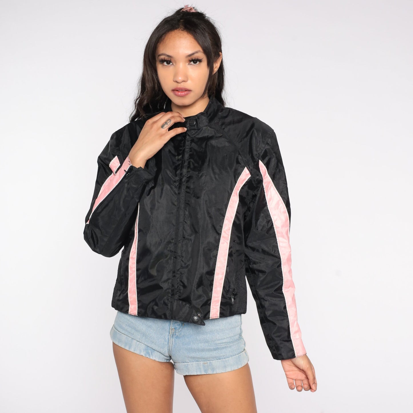 Y2K Black Moto Jacket Pink Stripes Biker Motorcycle Coat Small S