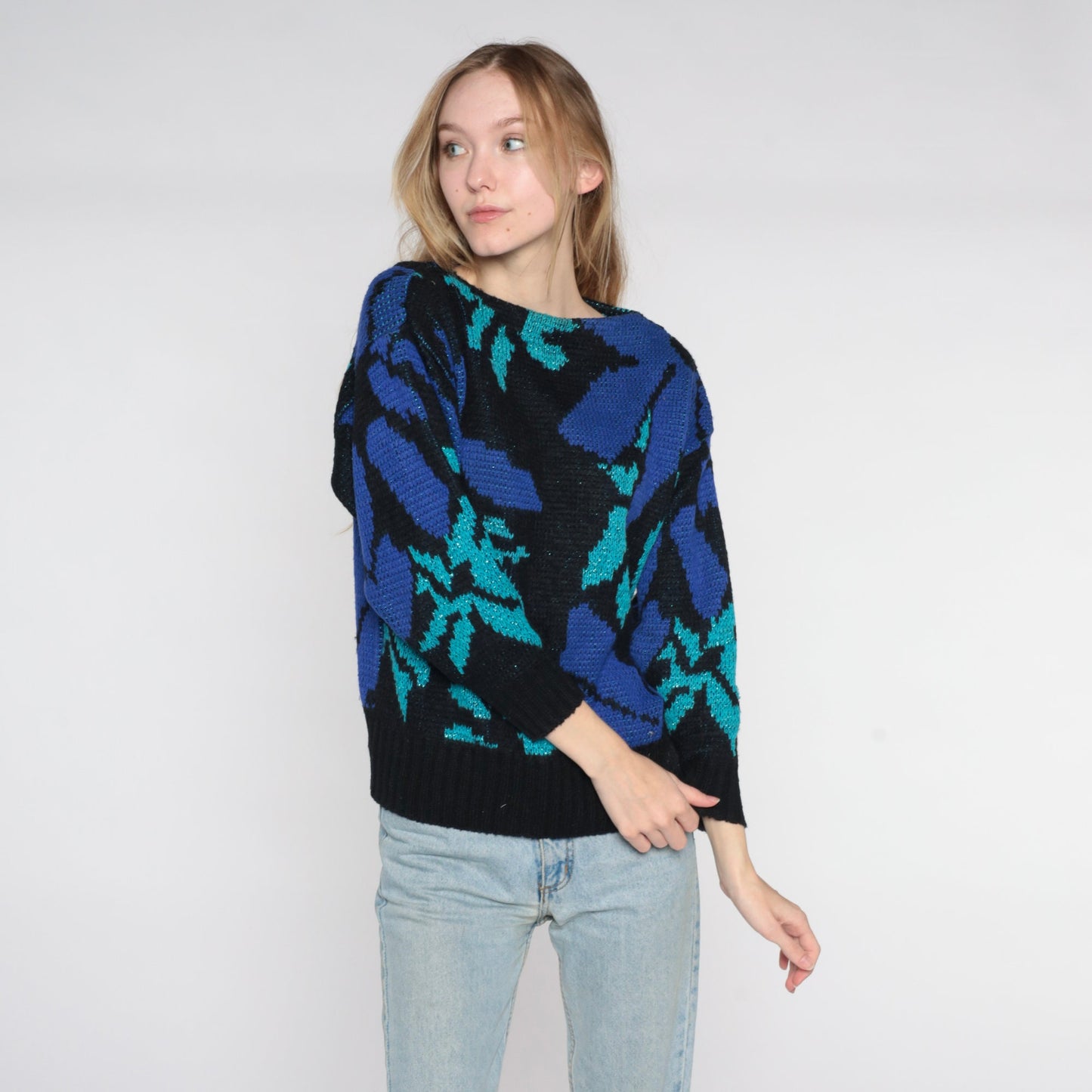 80s St. Michael Metallic Floral Knit Sweater Black Boat Neck Medium