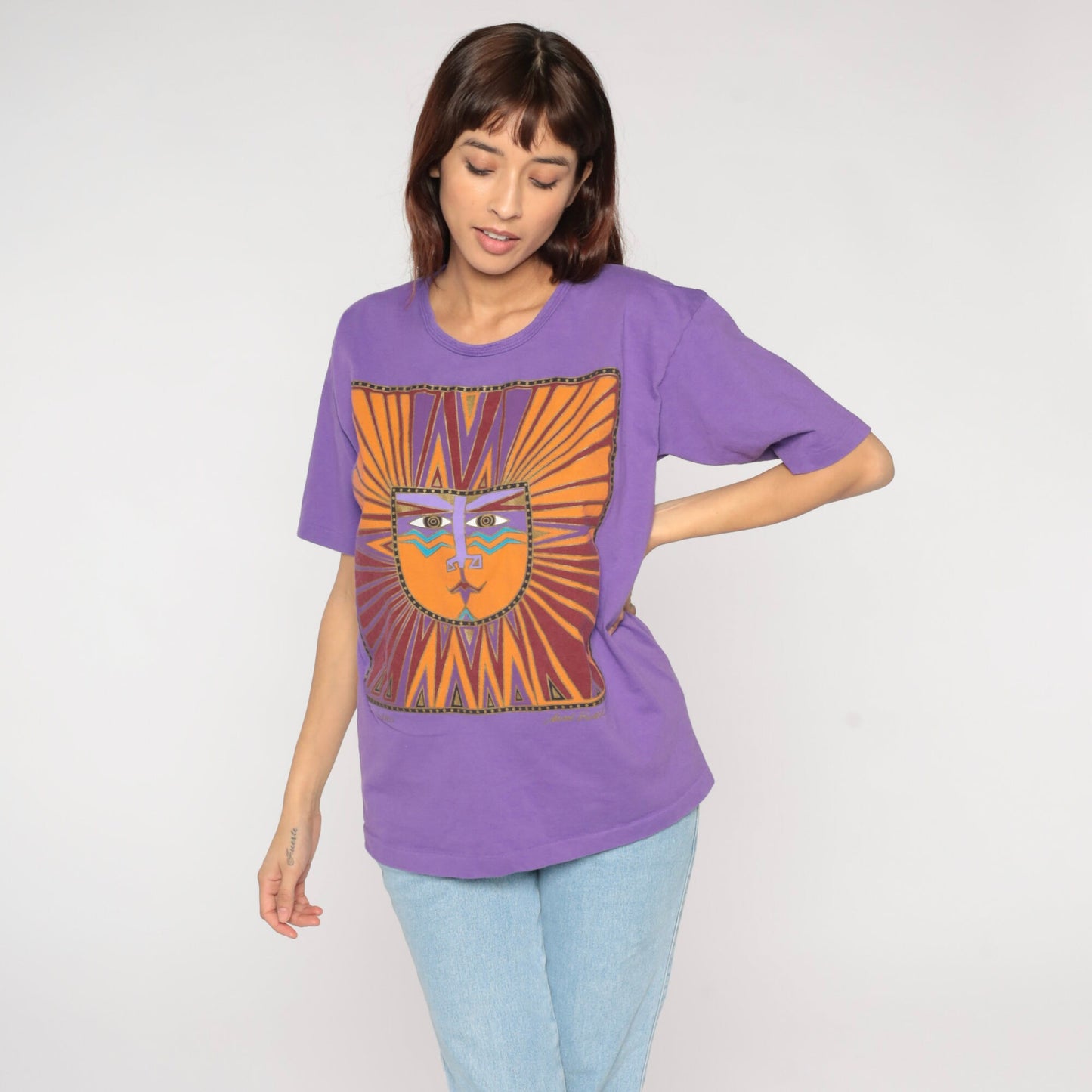 90s Laurel Burch Sun God Graphic T-Shirt Purple Cotton Medium