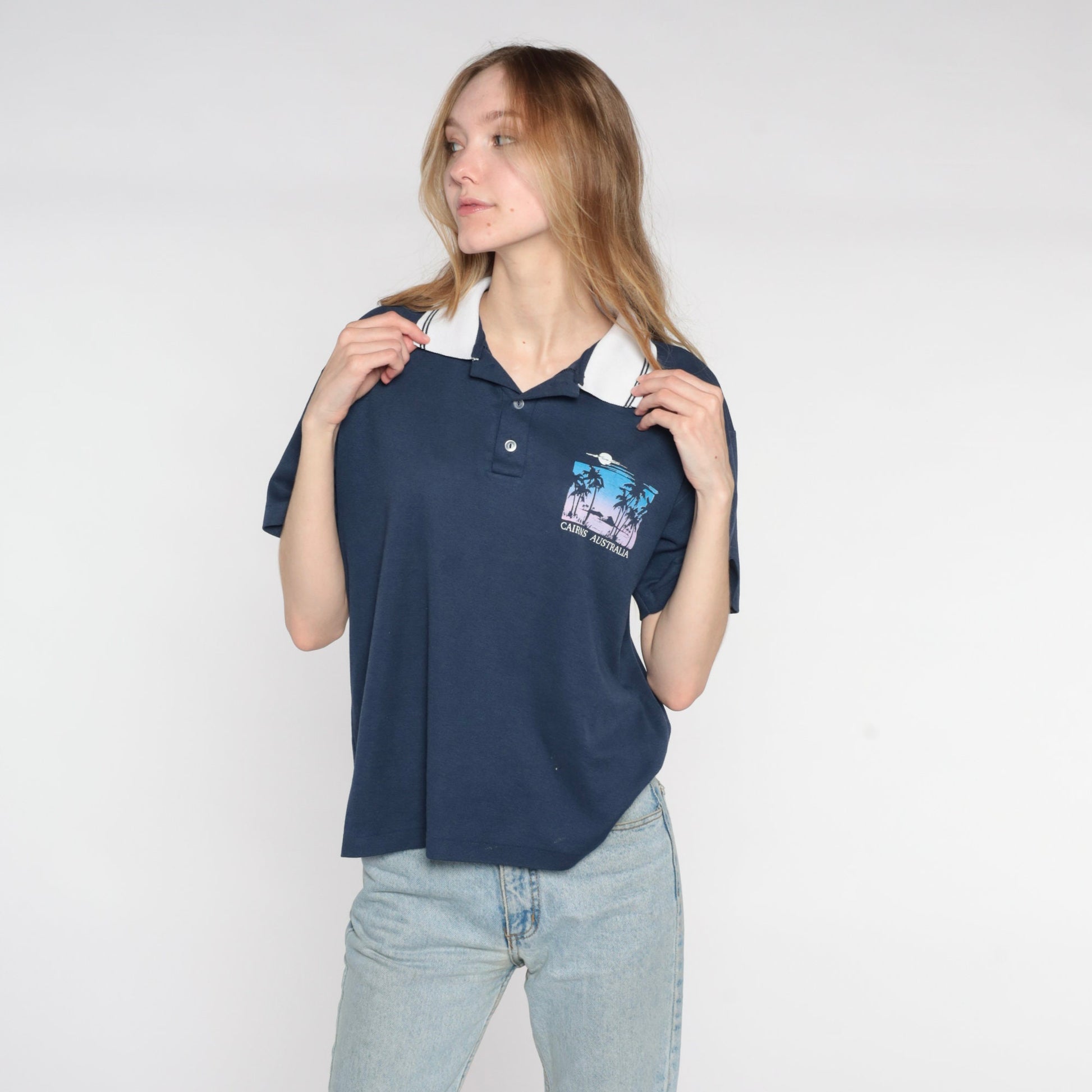 80s Cairns Australia Polo Shirt Navy Blue Graphic Mens Small