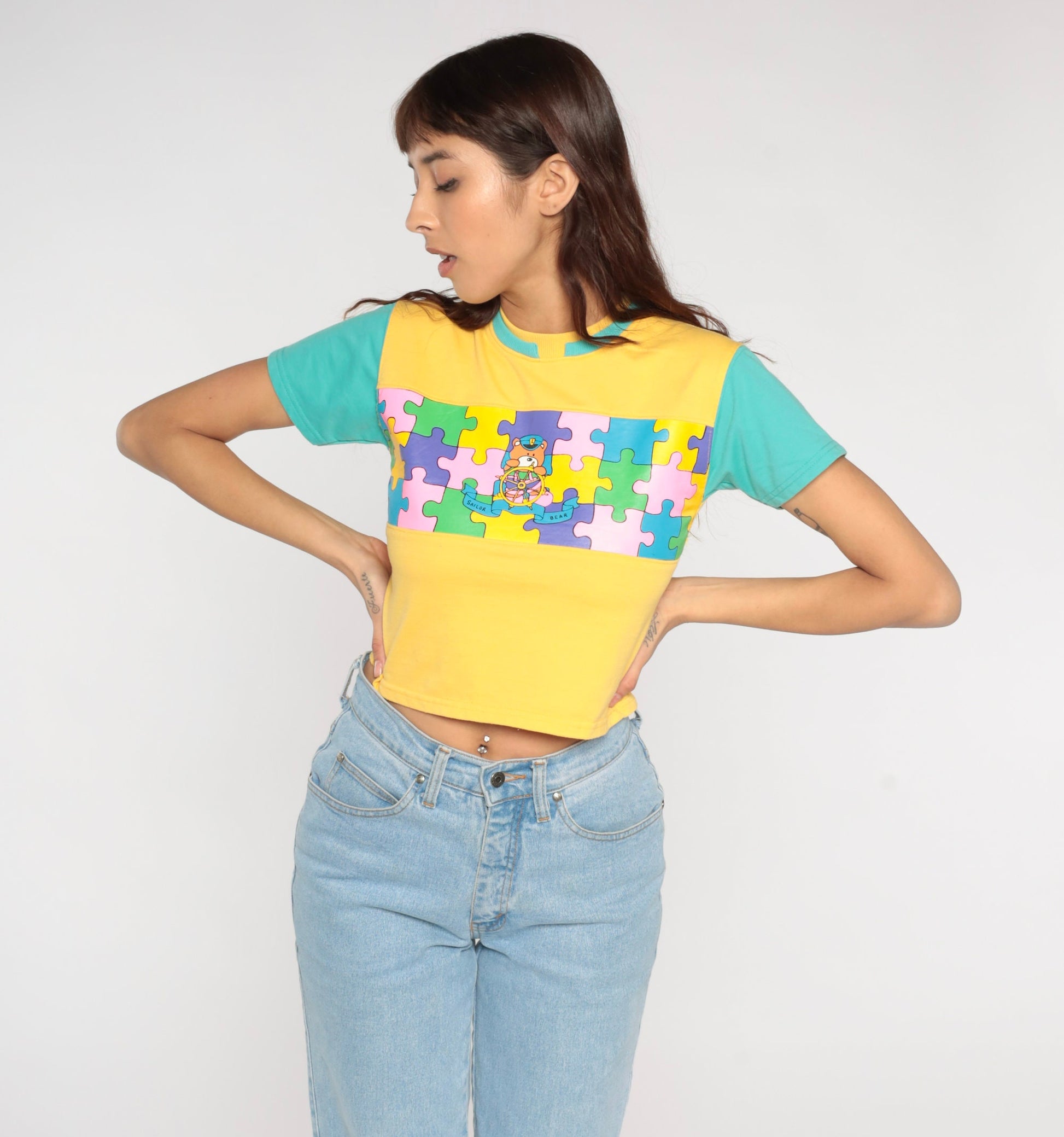 Y2K Sailor Bear Puzzle Graphic Crop Top Yellow Cotton Baby Tee Extra Small XS