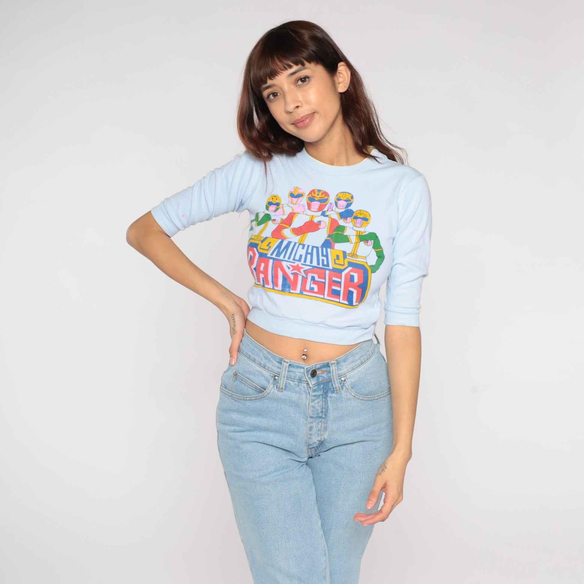 90s Mighty Ranger Graphic Crop Top Baby Blue T-Shirt 2XS