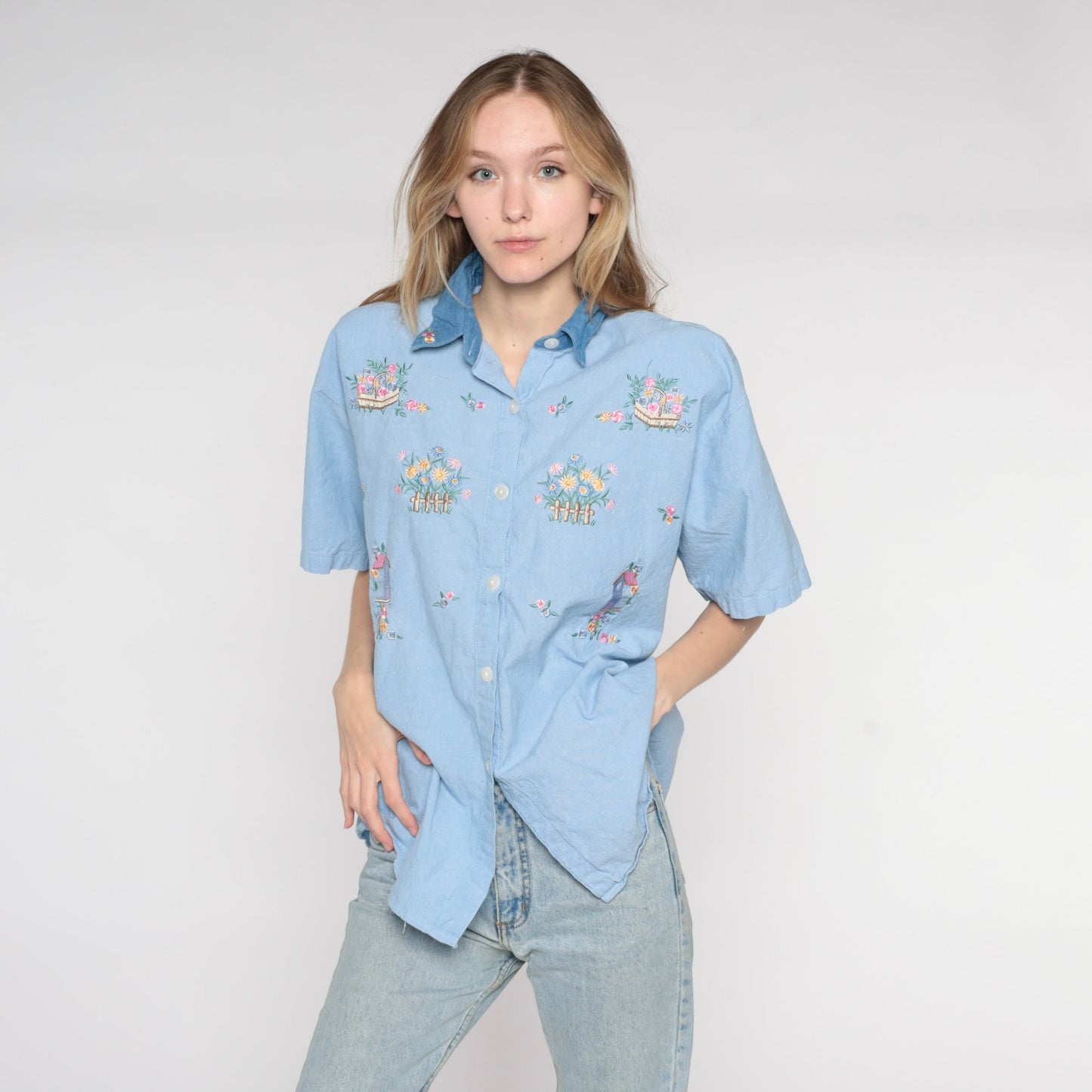 90s Blue Chambray Button Up Shirt Floral Birdhouse Embroidery Extra Large