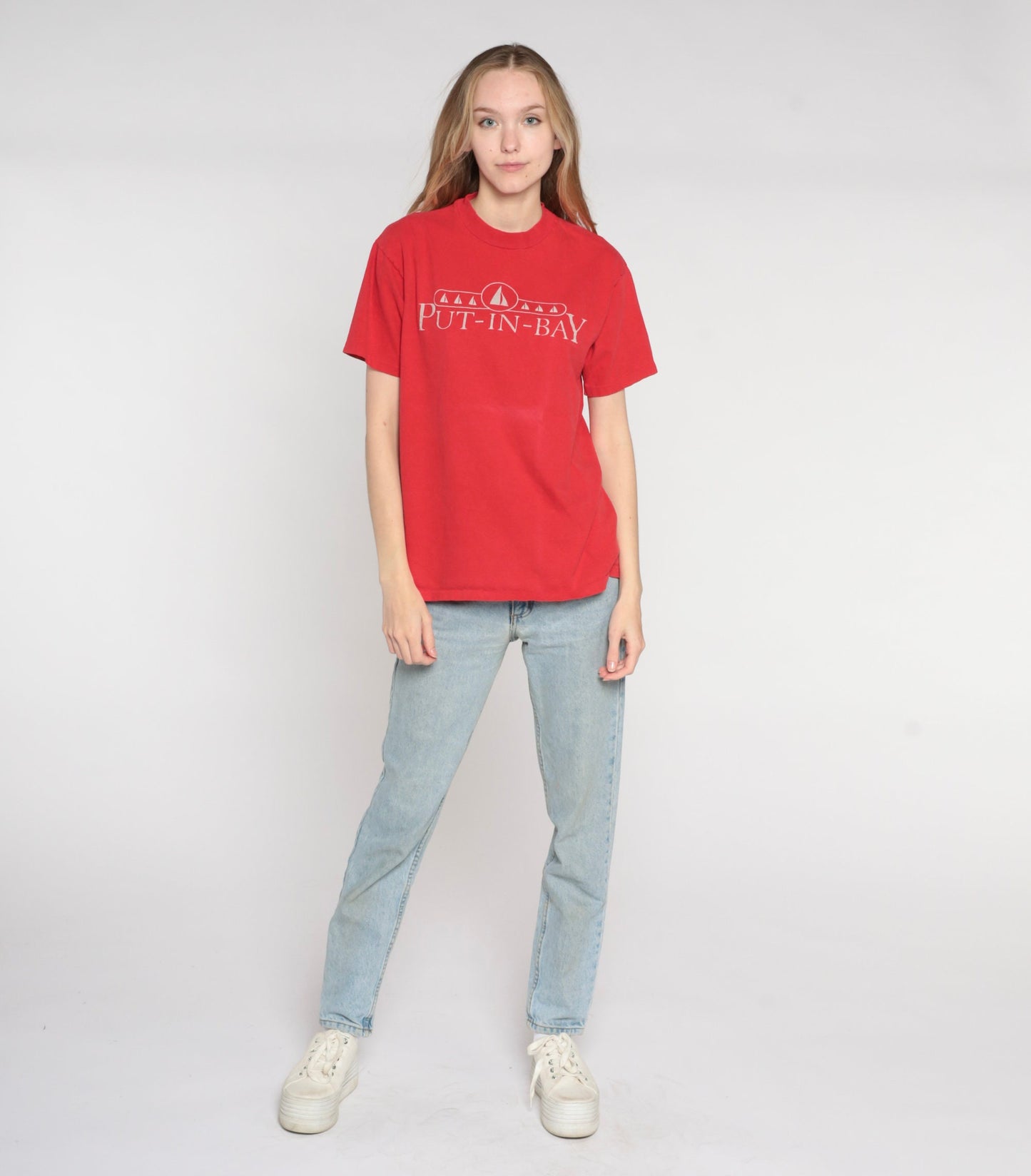 90s Put-In-Bay Ohio Sailboat Graphic T-Shirt Red Cotton Tee Medium