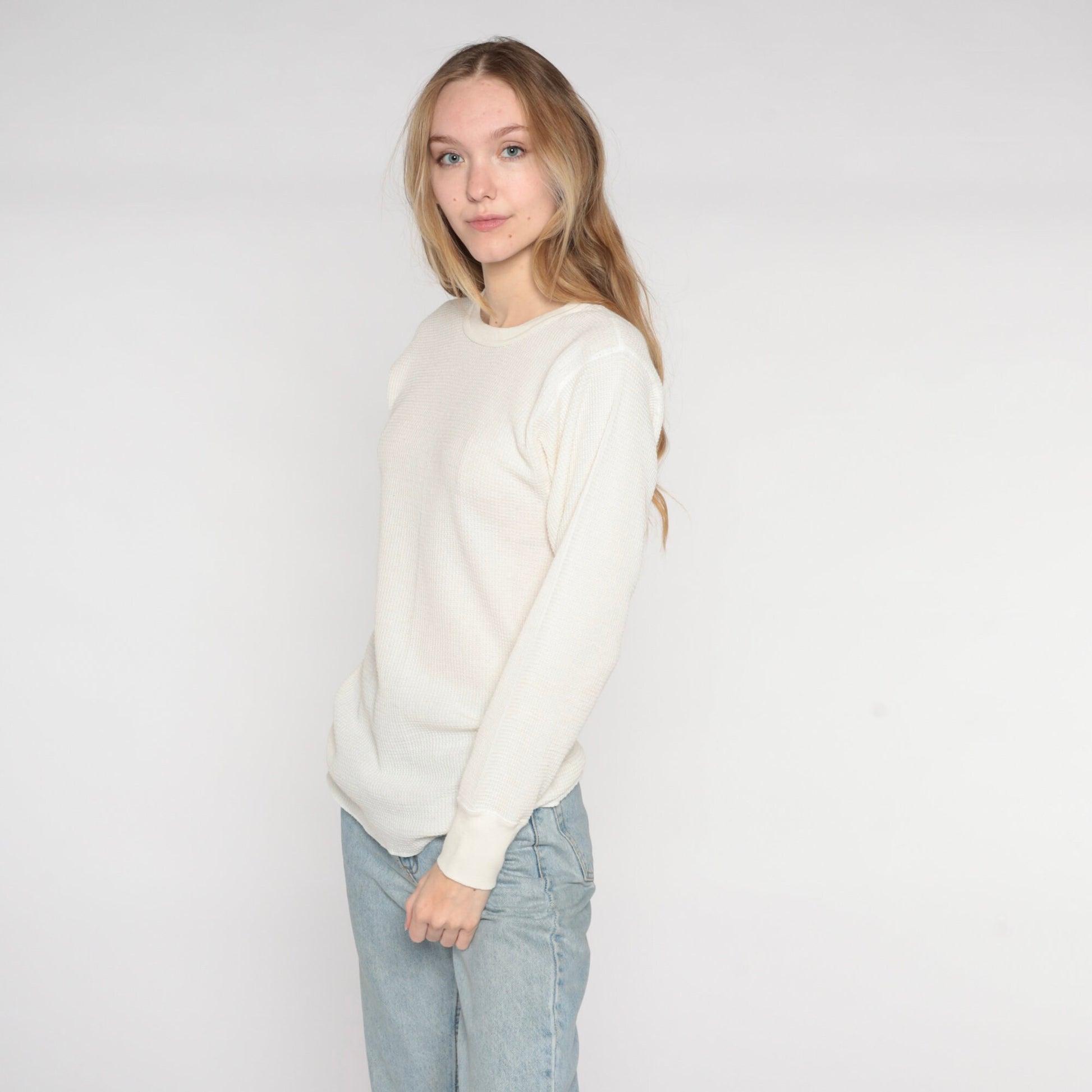 90s Off White Thermal Waffle Knit Long Sleeve Shirt Large
