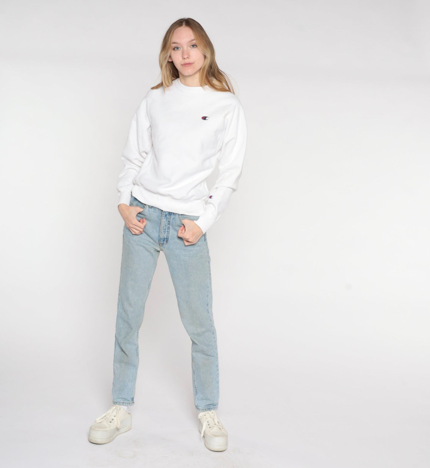 Y2K Champion White Crewneck Sweatshirt Plain Pullover Extra Small XS
