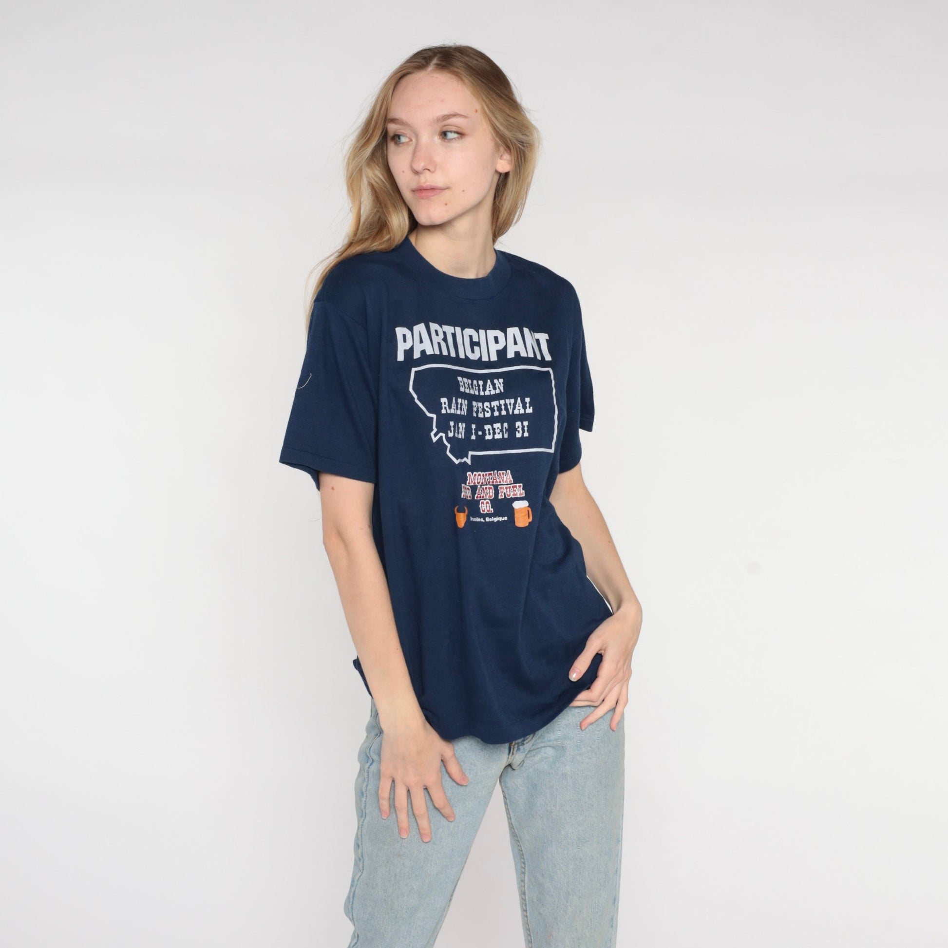 80s Belgian Rain Festival Participant Graphic Tee Navy Single Stitch Large