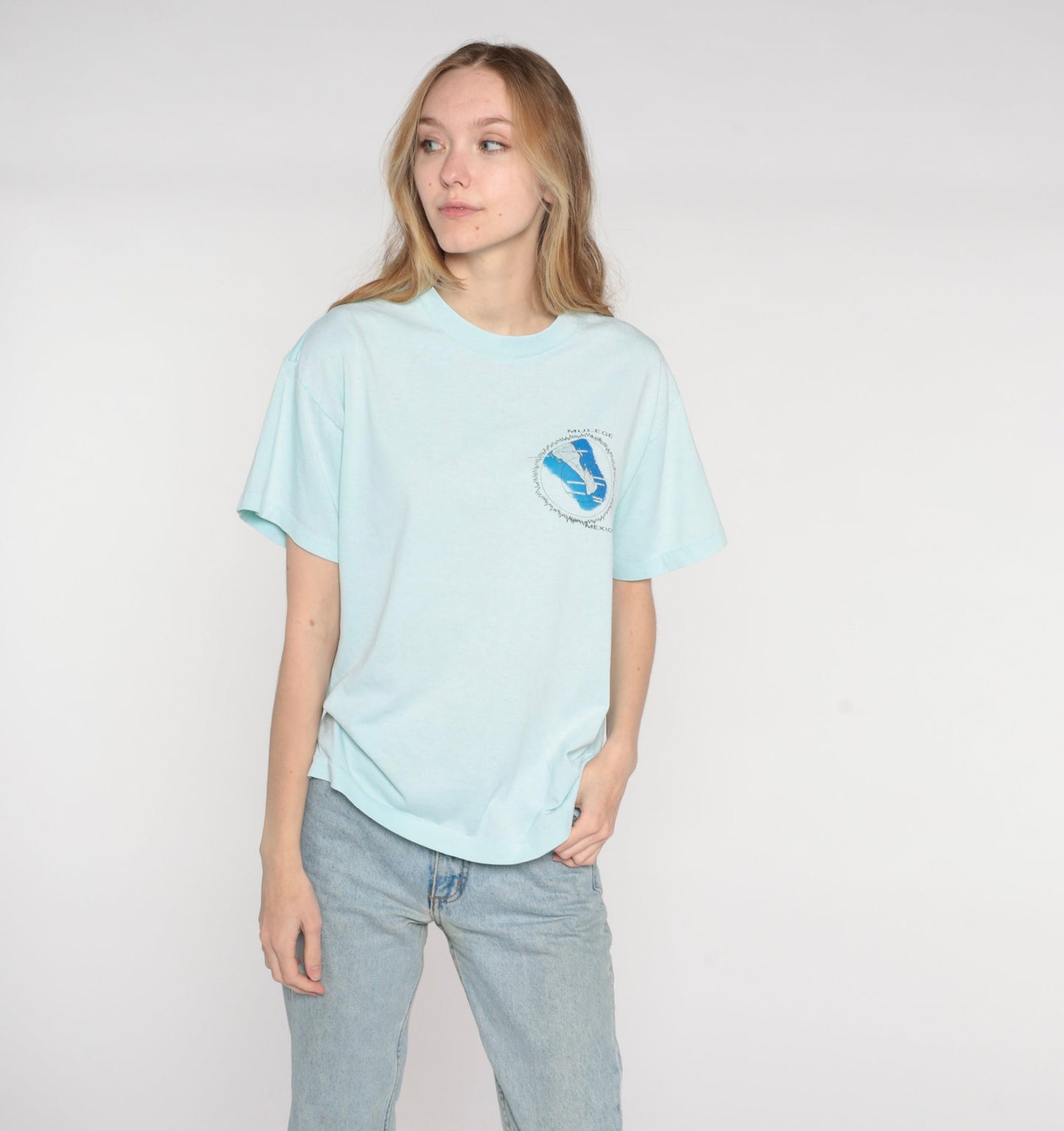 1991 Solar Eclipse Mulege Mexico T-Shirt Light Blue Graphic Tee Large L