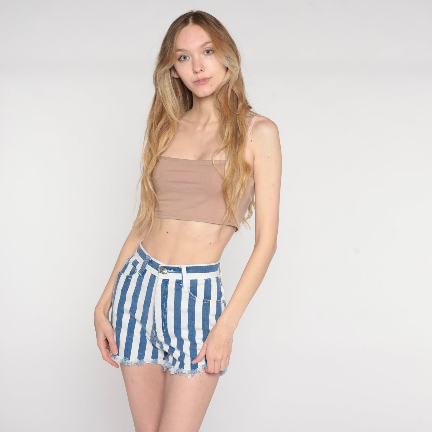 90s Jacko Jeans Striped Denim Cutoffs Blue White High Waisted Extra Small XS