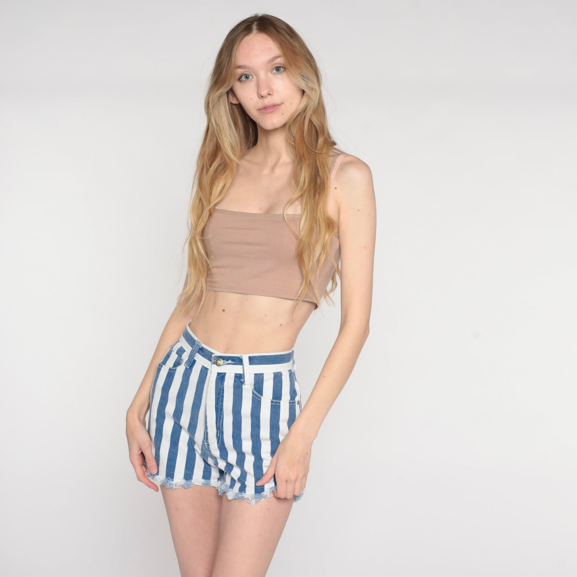90s Jacko Jeans Striped Denim Cutoffs Blue White High Waisted Extra Small XS