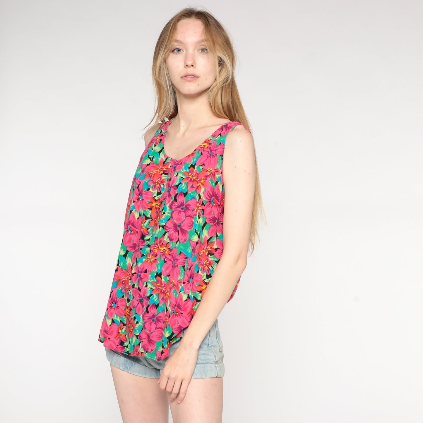 90s Floral Rayon Tank Top Tropical Print Pink Green Large