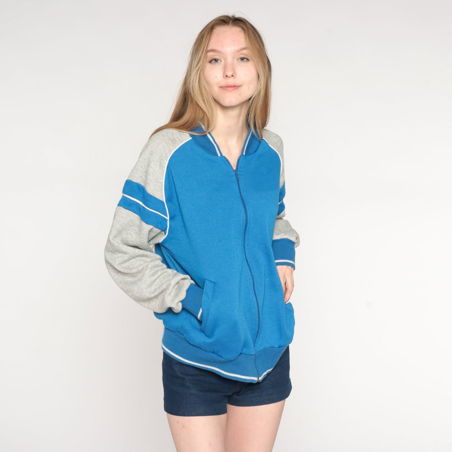 80s Blue Grey Striped Track Jacket Raglan Zip Warmup Medium