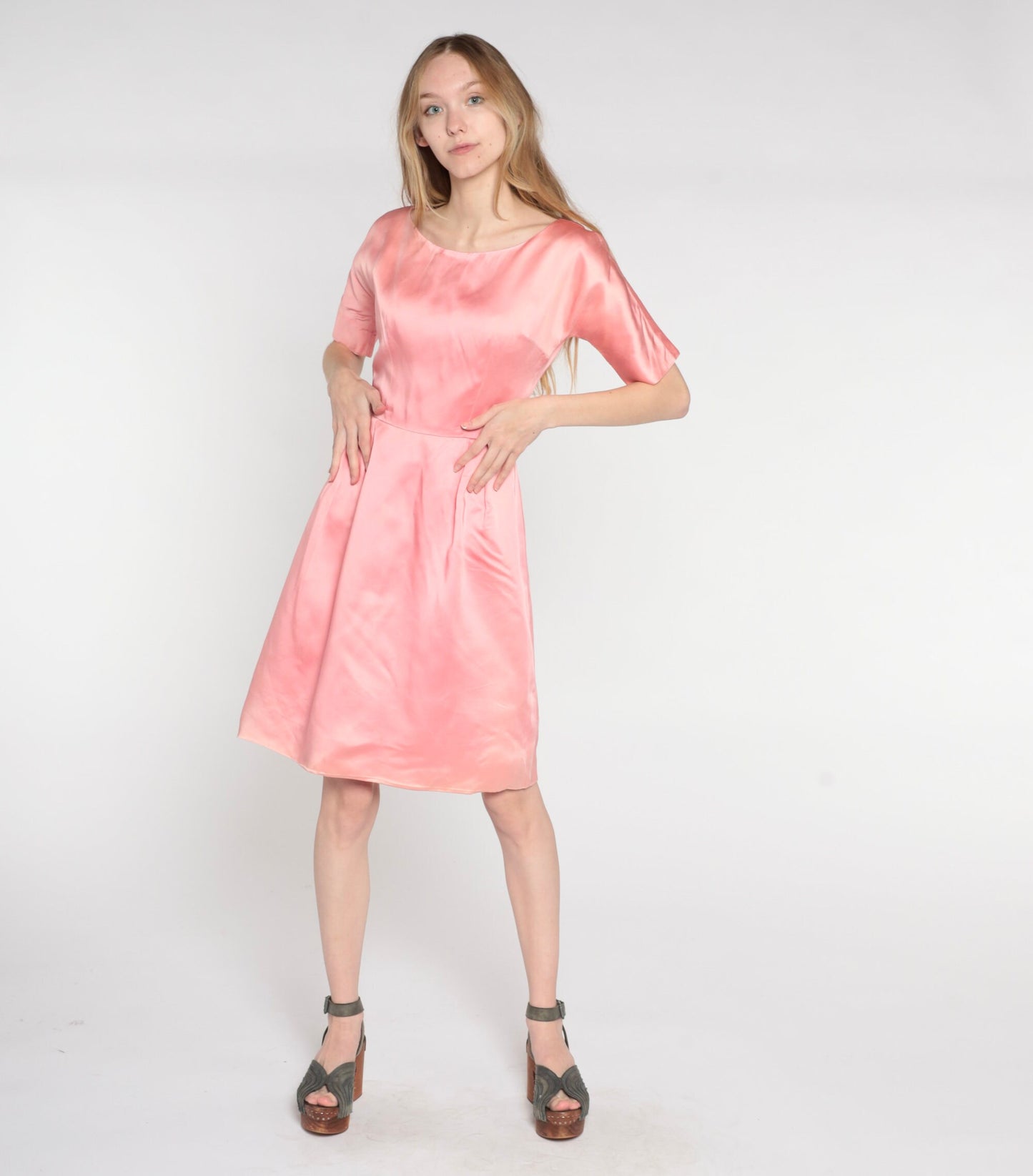 1960s Pink Satin Mini Shift Dress Short Sleeve High Waist Extra Small XS