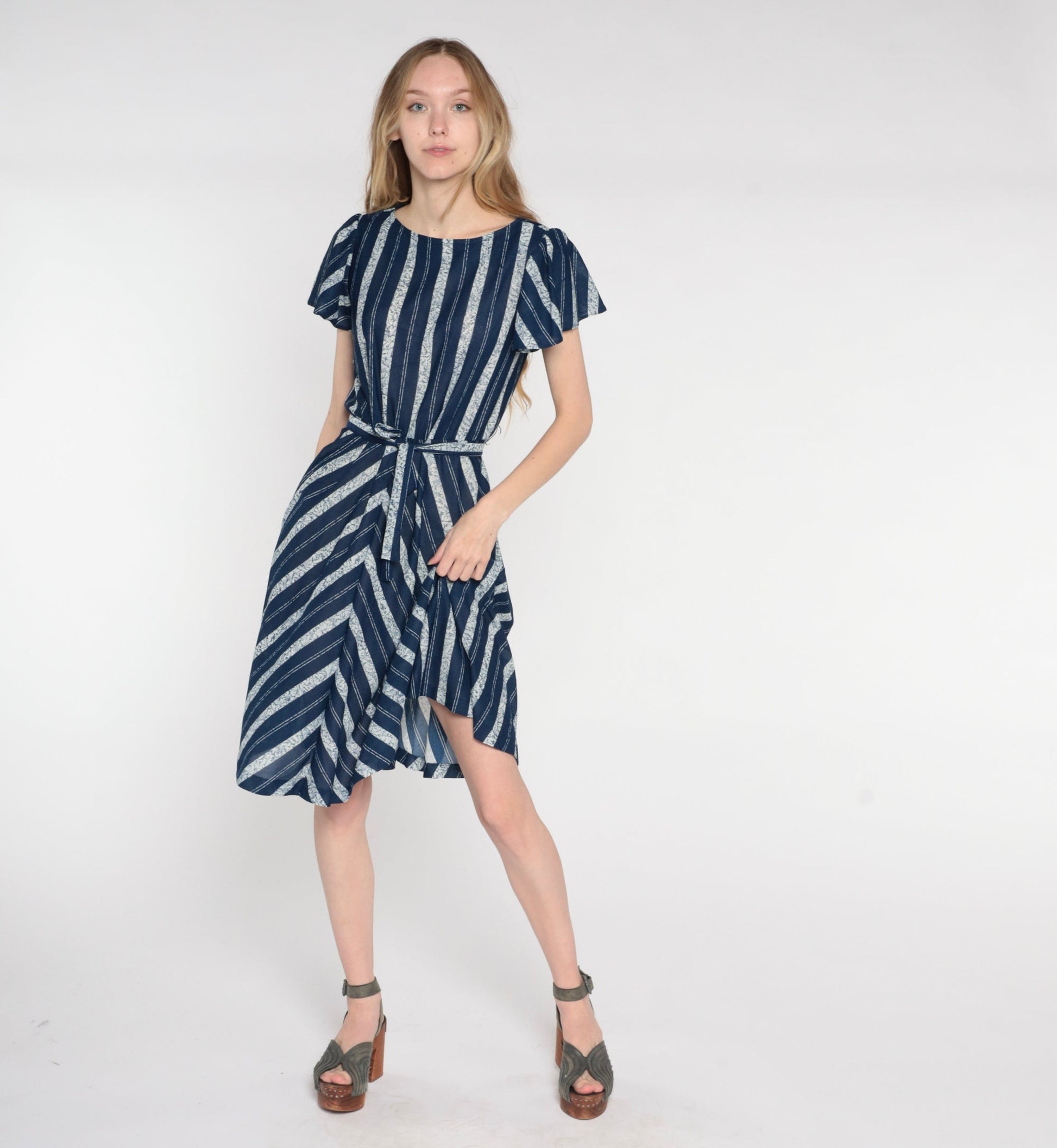 70s Navy Striped Dress High Waist Flutter Sleeve Belted Knee Length Medium