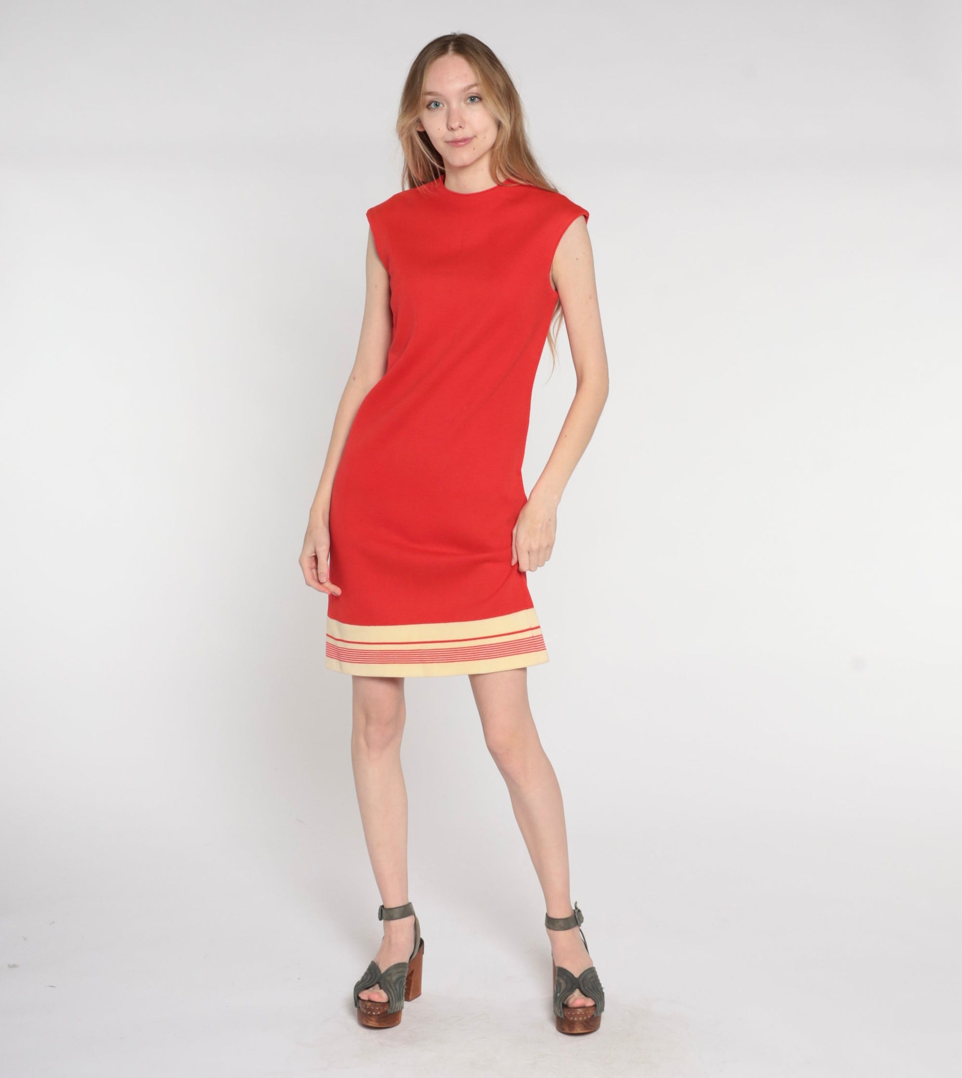 60s Mod Shift Dress Red Striped Wool Blend Mini Sleeveless Small S