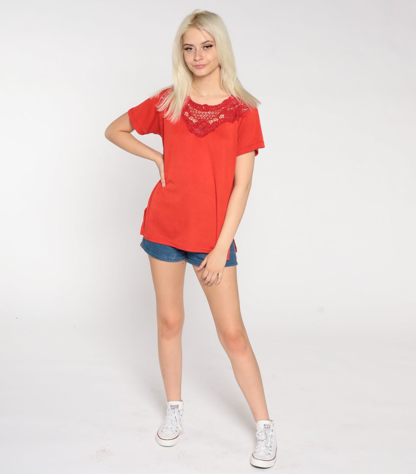 90s Red Crochet Trim Short Sleeve Blouse Cotton Medium M