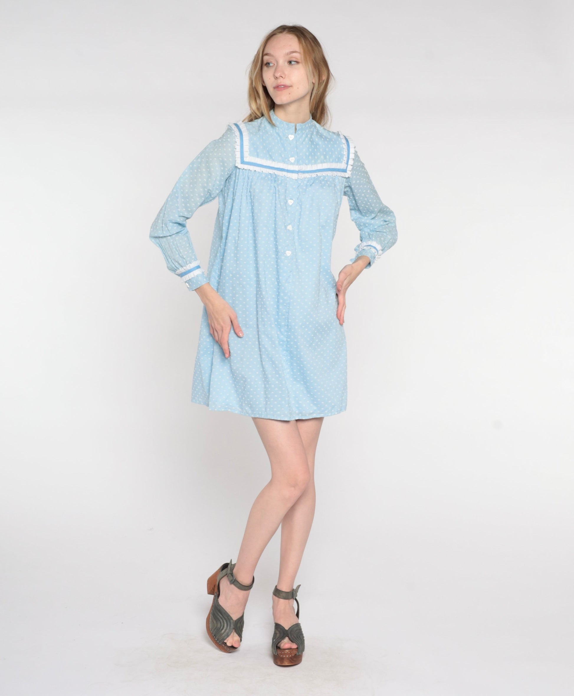 70s Baby Blue Polka Dot Mini Dress Heart Buttons Ruffled Bib Long Sleeve Small Medium