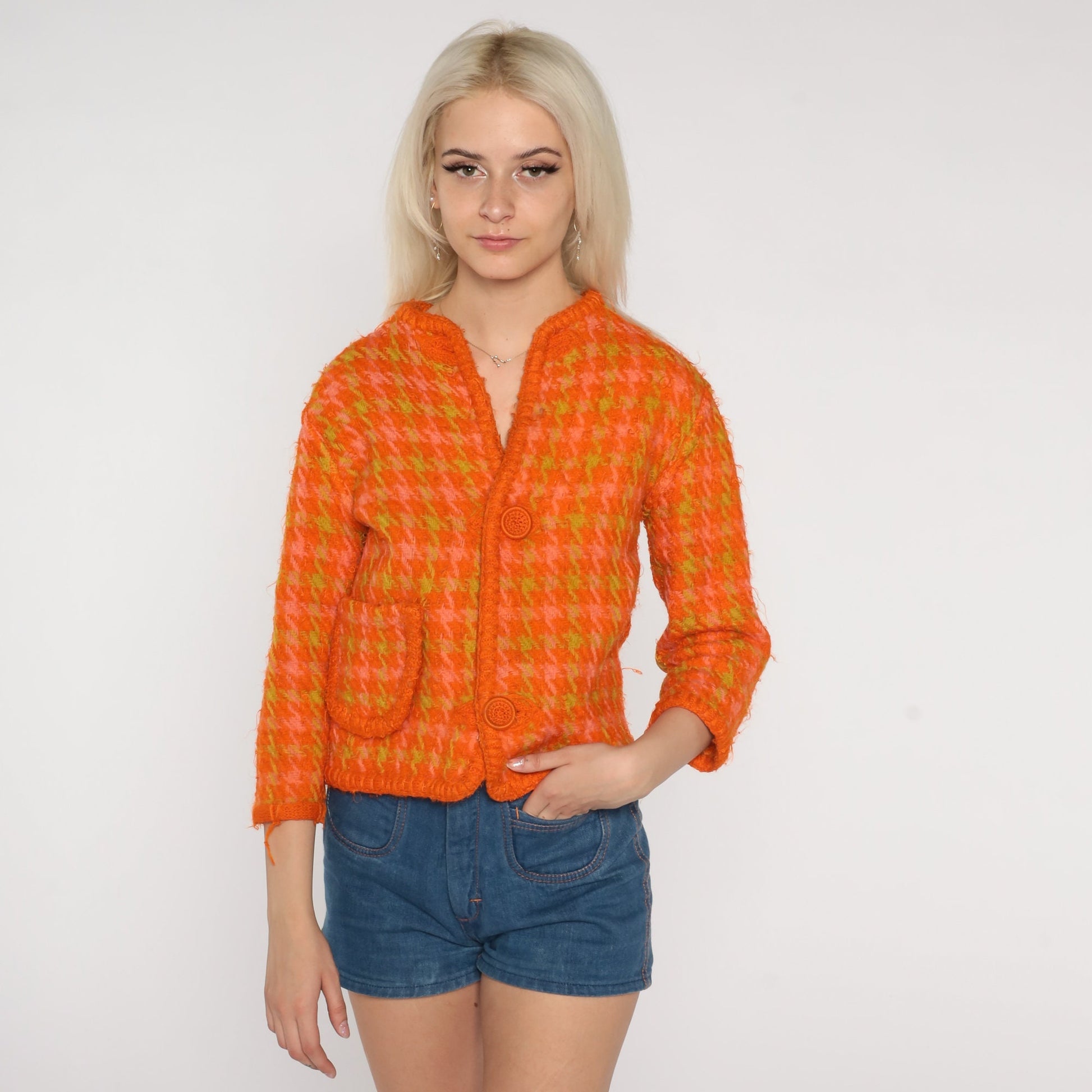 60s Orange Houndstooth Wool Blazer Three-Quarter Sleeve Jacket Extra Small
