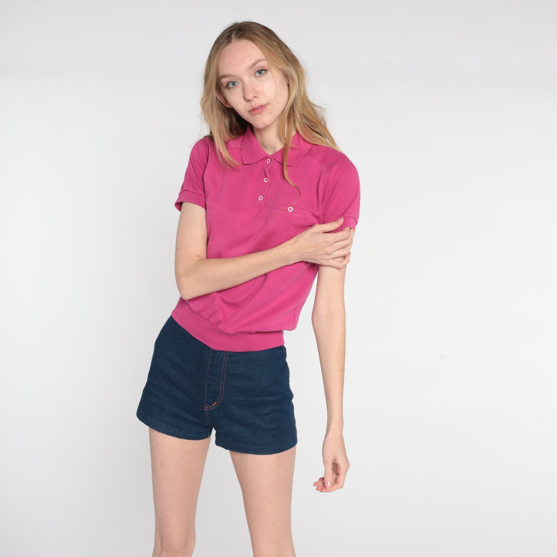 80s Hot Pink Polo Shirt Cropped Short Sleeve Button Up Small