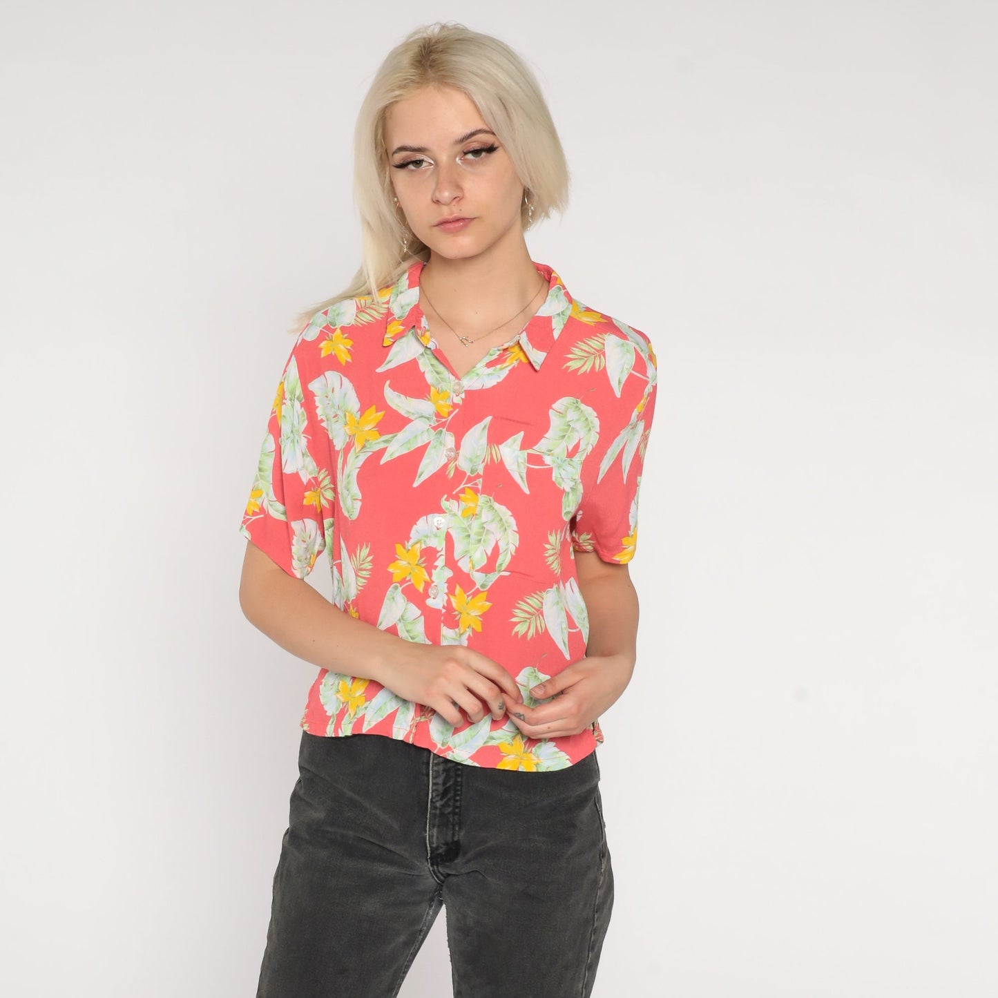 90s Hawaiian Shirt Faded Red Tropical Floral Button Up Small