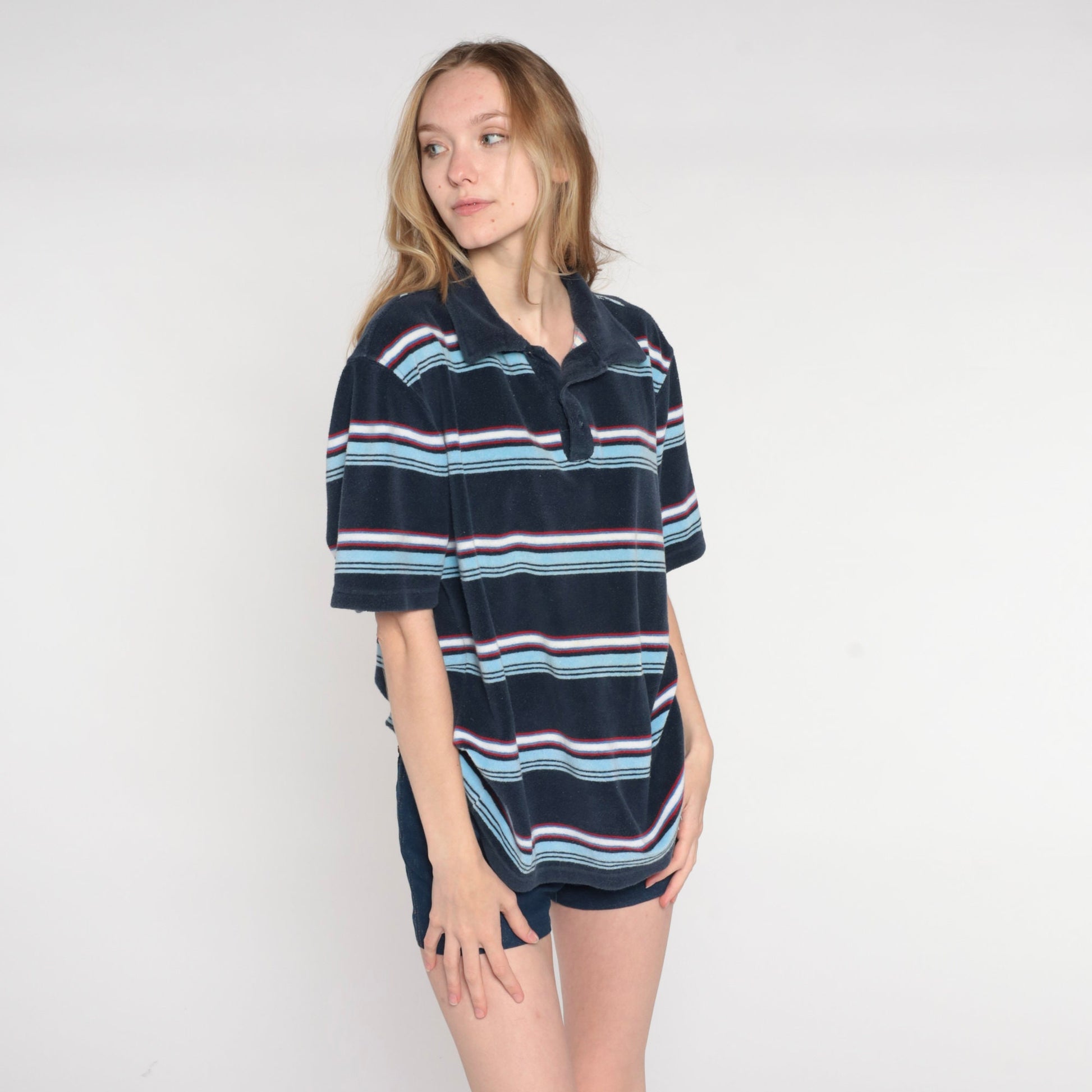 Y2K Navy Striped Terry Cloth Polo Shirt Half Button Collared Medium M