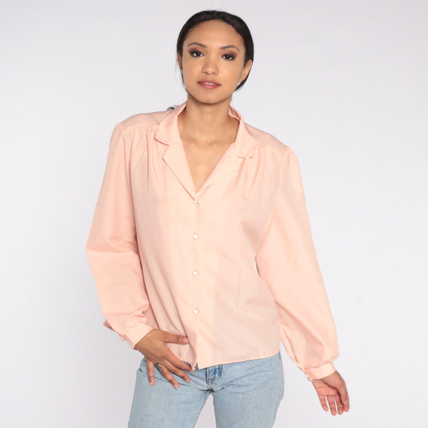 80s Peach Button-Up Blouse Collared Long Sleeve Shirt Extra Large XL