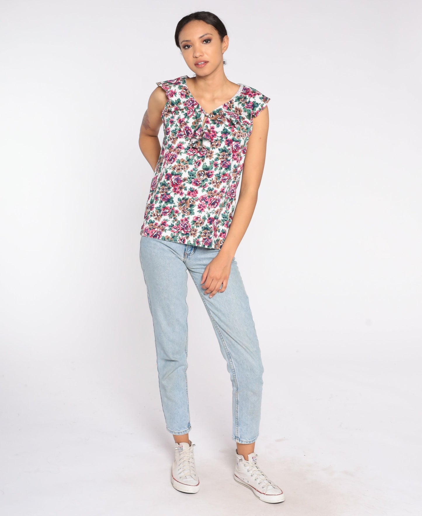 90s Floral Tank Top Ruffled Keyhole Sleeveless Blouse Medium M