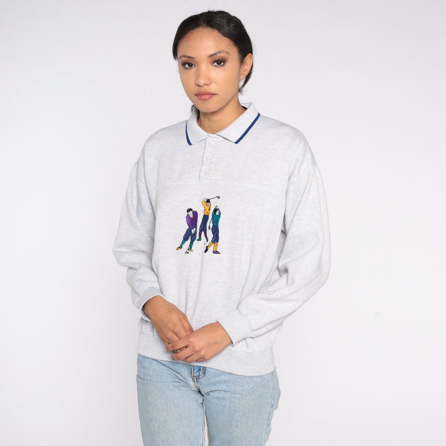 80s Embroidered Golfer Sweatshirt Heather Grey Henley Button Pullover Small