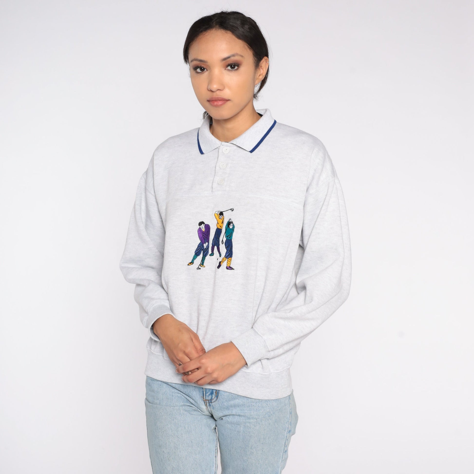 80s Embroidered Golfer Sweatshirt Heather Grey Henley Button Pullover Small