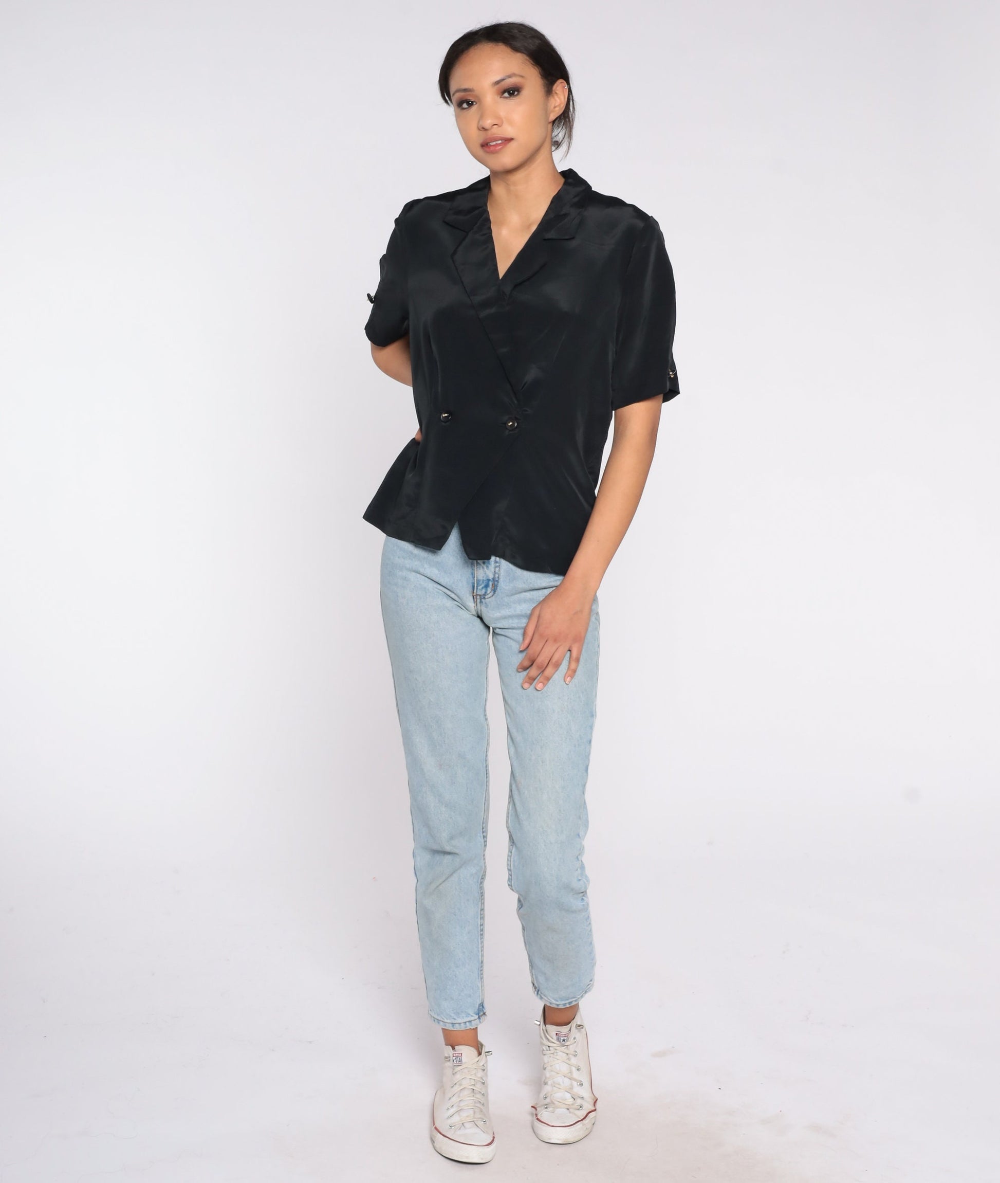 80s Black Wrap Blouse Double Breasted V Neck Short Sleeve Medium