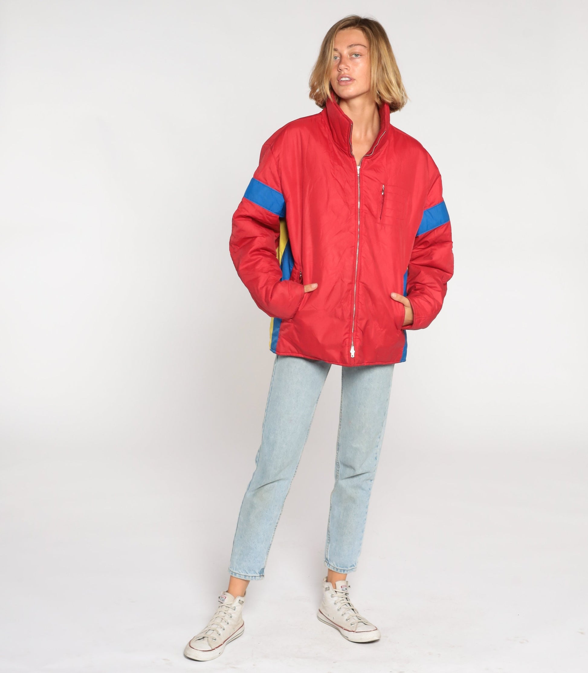 80s Roffe Goose Down Ski Jacket Red Striped Puffer Zip Coat Men's Large