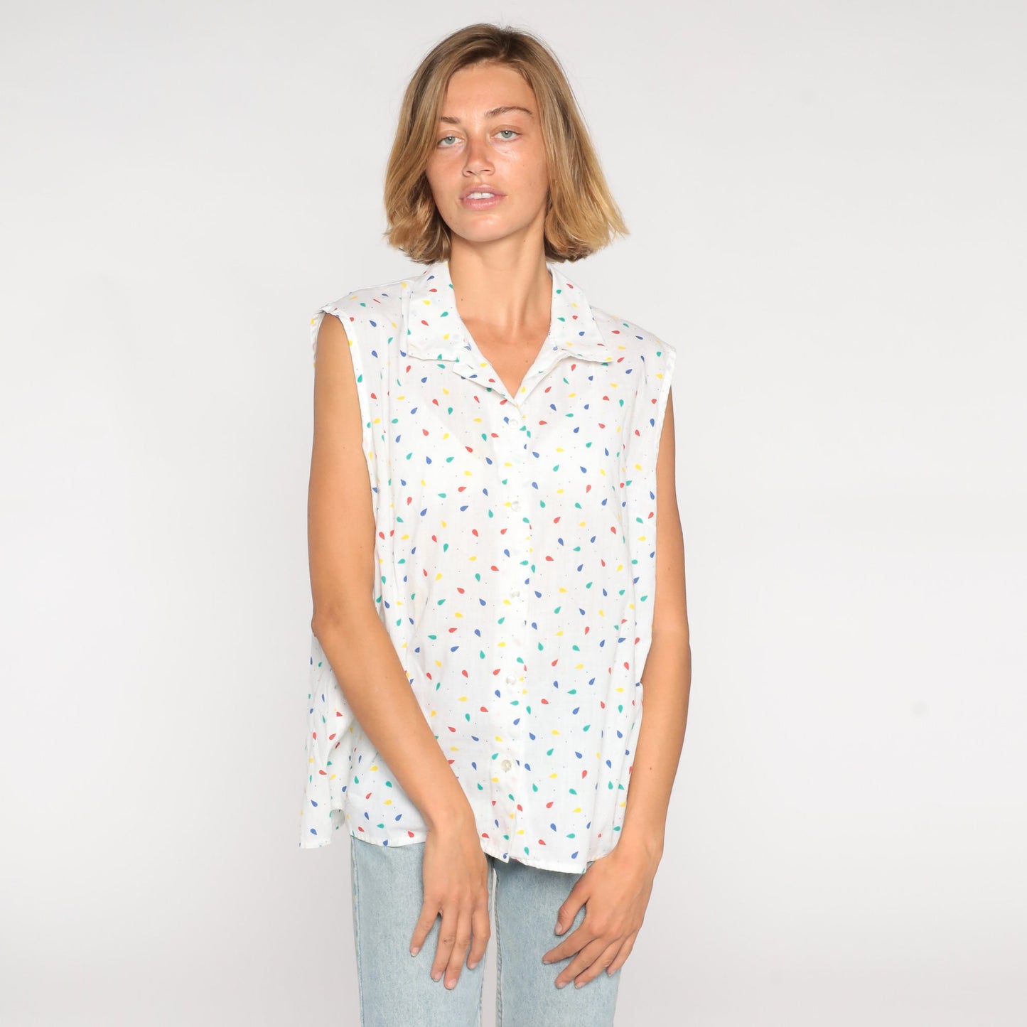 80s Confetti Print White Button-Up Sleeveless Blouse Collared Tank Large