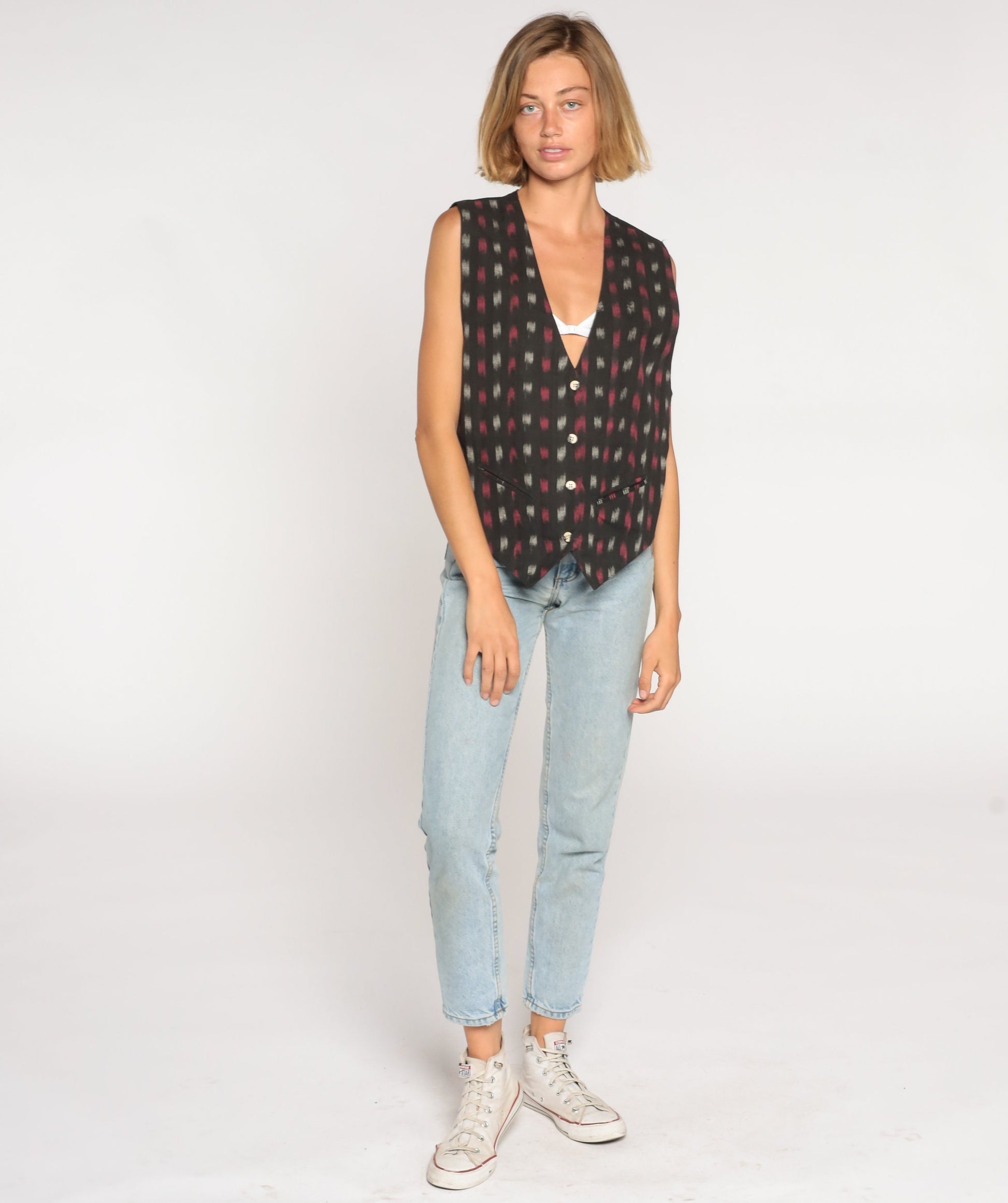 90s Black Ikat Print Button-Up Vest Cotton Sleeveless Medium