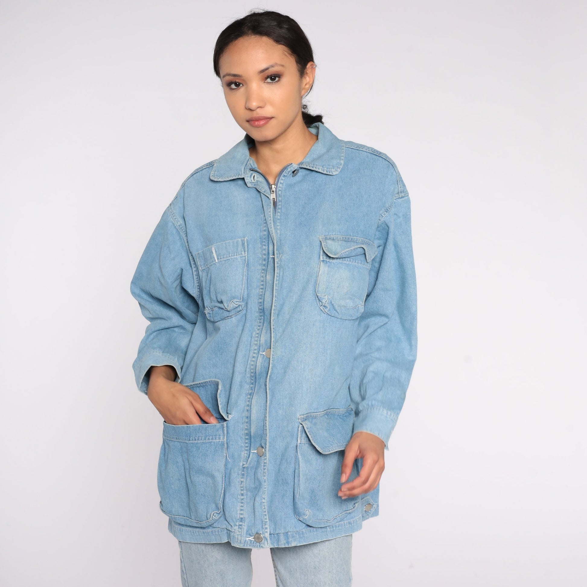 90s Light Wash Denim Cargo Jacket Blue Jean Collared Zip Small