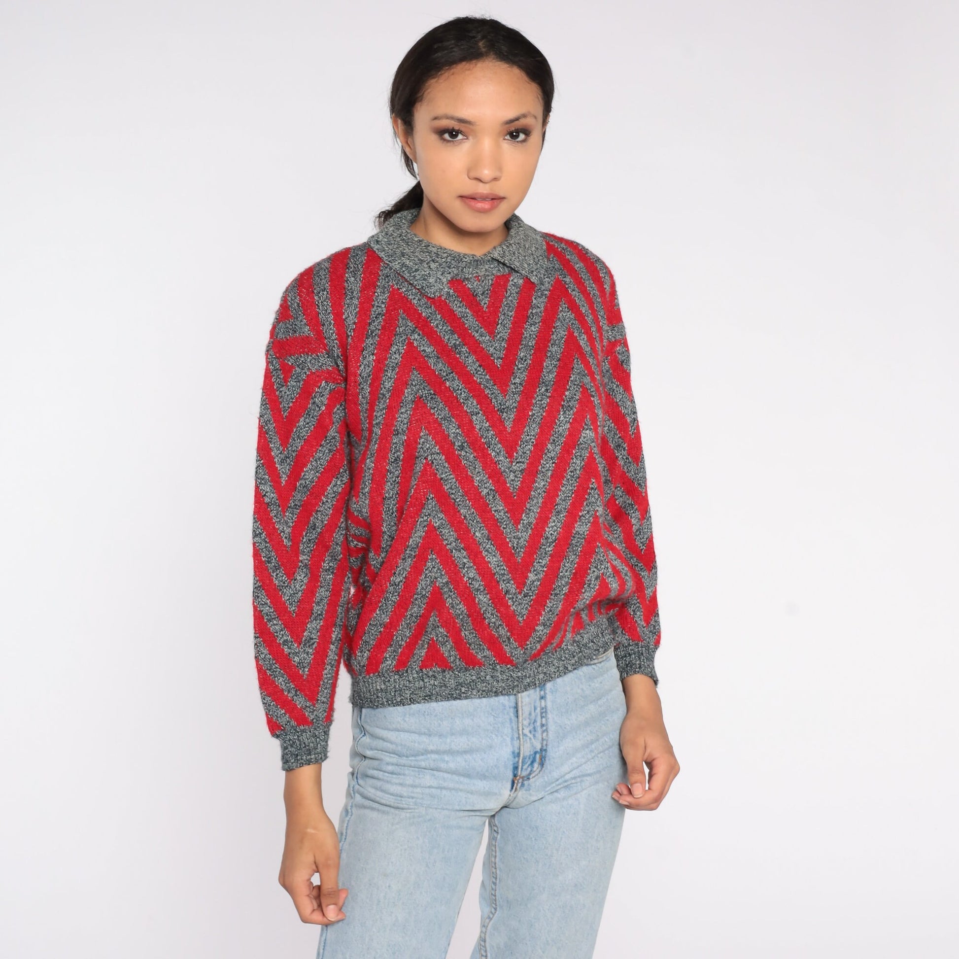 80s Chevron Striped Collared Sweater Red Grey Knit Pullover Small