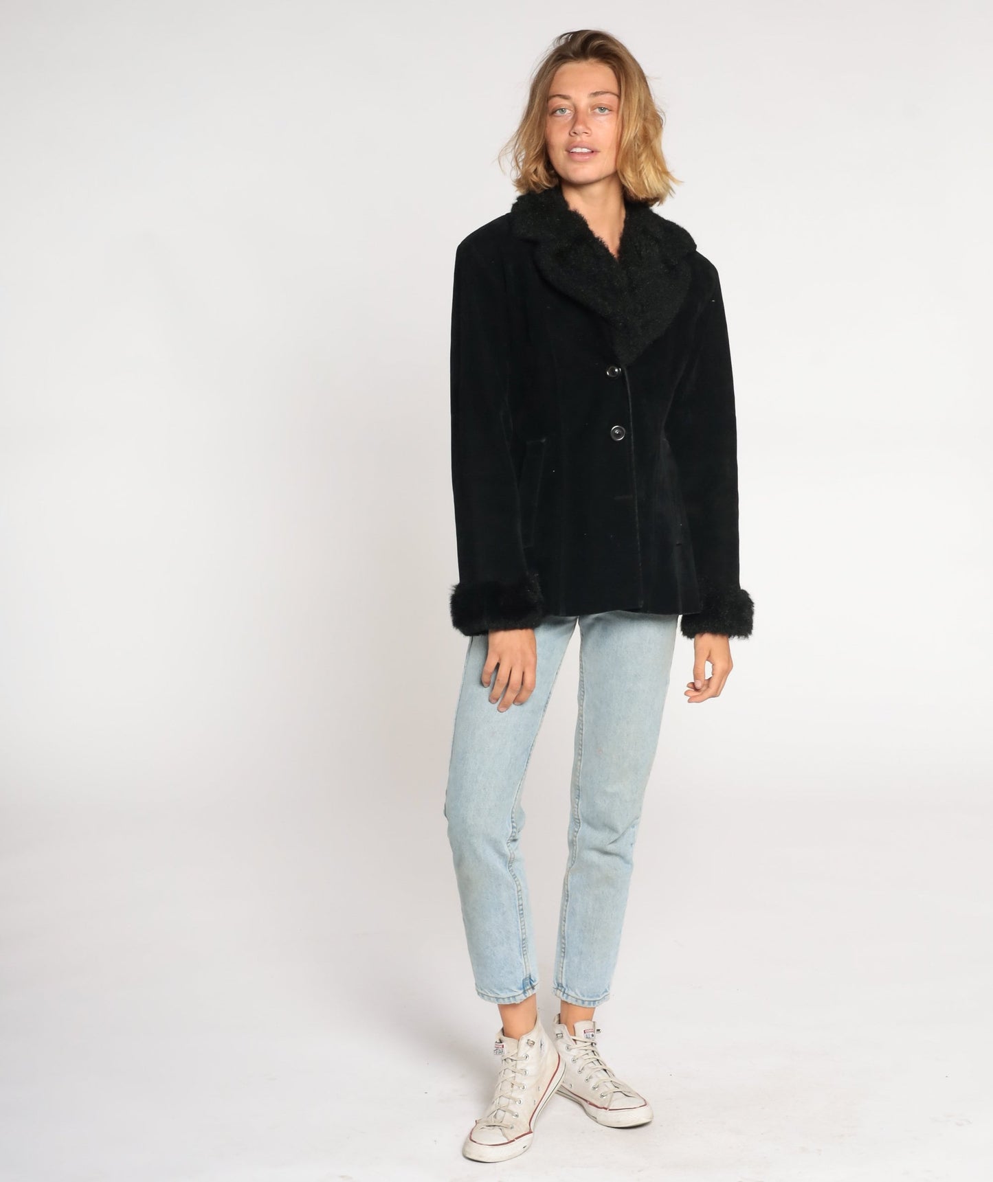 90s Black Faux Suede Jacket Faux Fur Trim Button Up Small