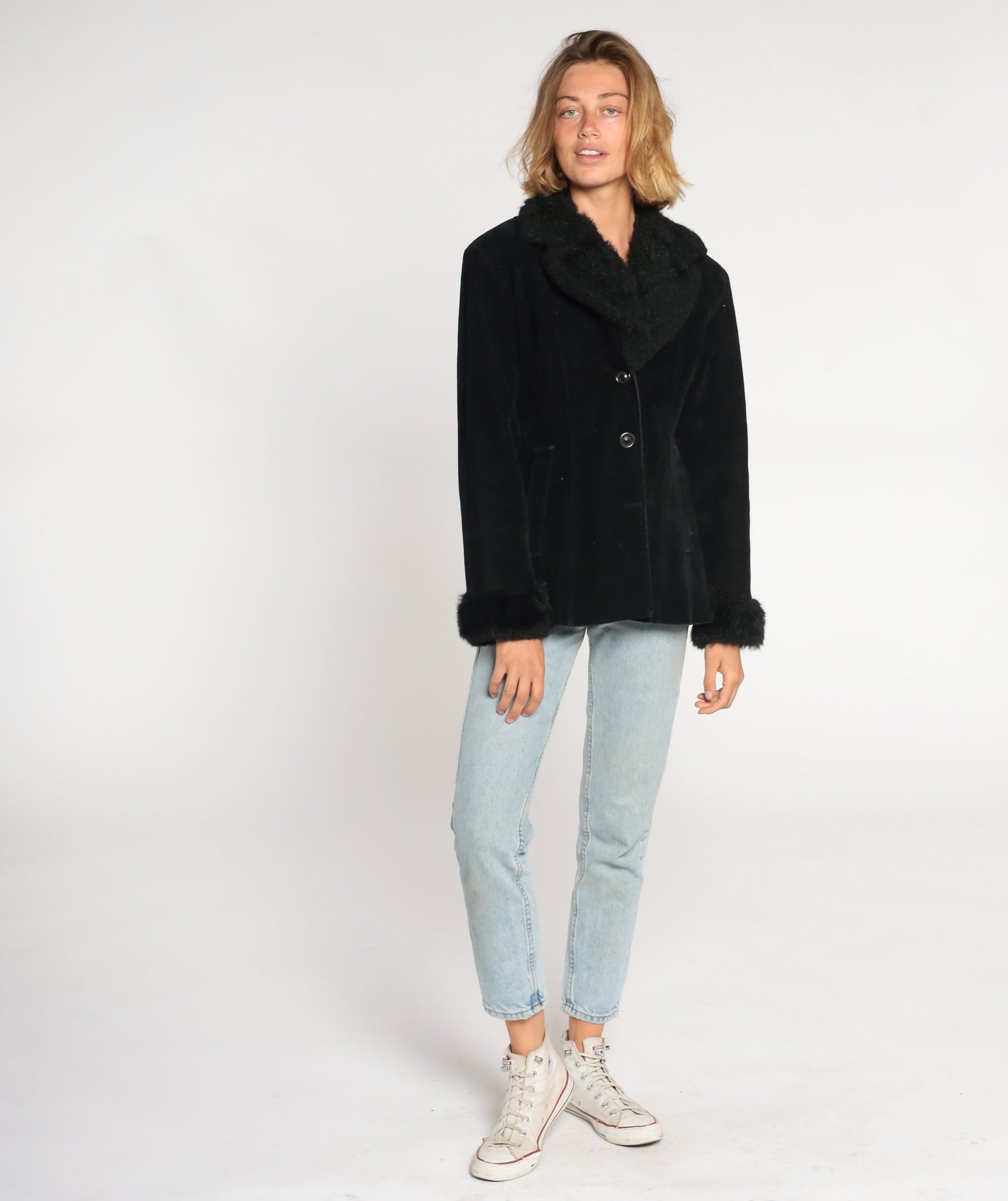 90s Black Faux Suede Jacket Faux Fur Trim Button Up Small