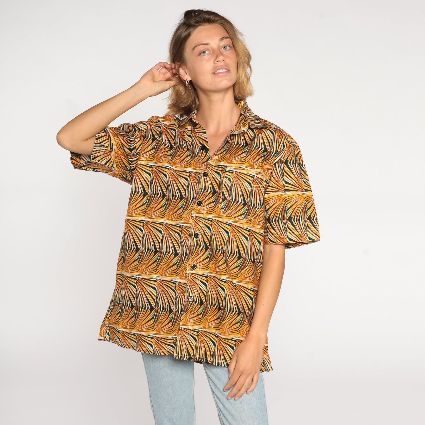80s Abstract Op Art Button-Up Shirt Yellow Psychedelic Print Cotton Large