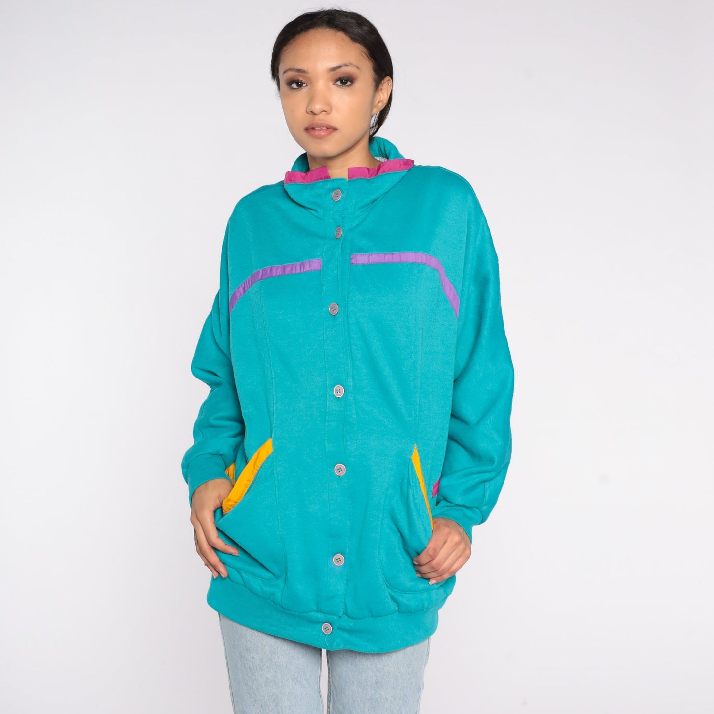 80s Teal Button-Up Sweatshirt Jacket Purple Yellow Pink Trim One Size