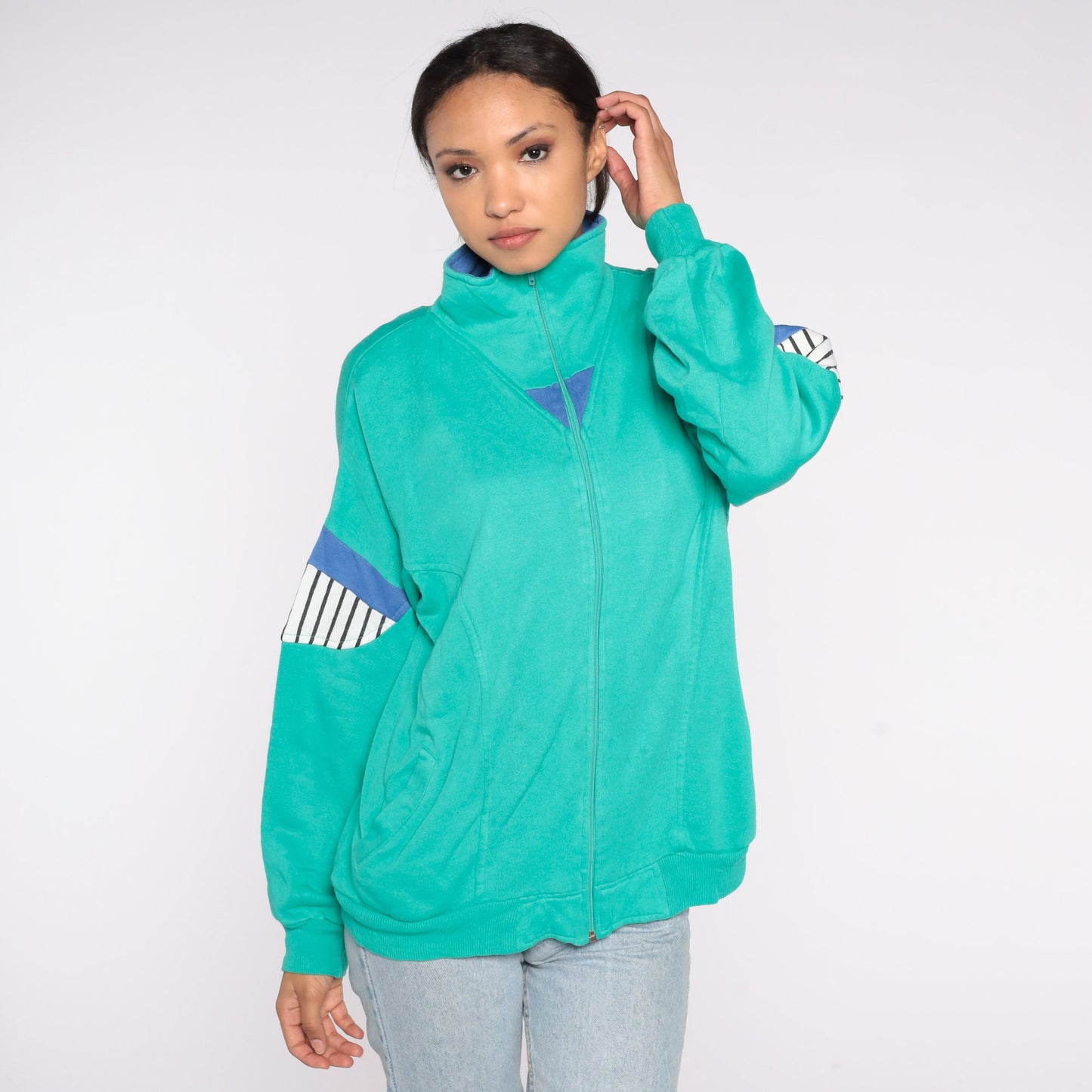 80s Green Striped Track Jacket Zip-Up Sweatshirt Large