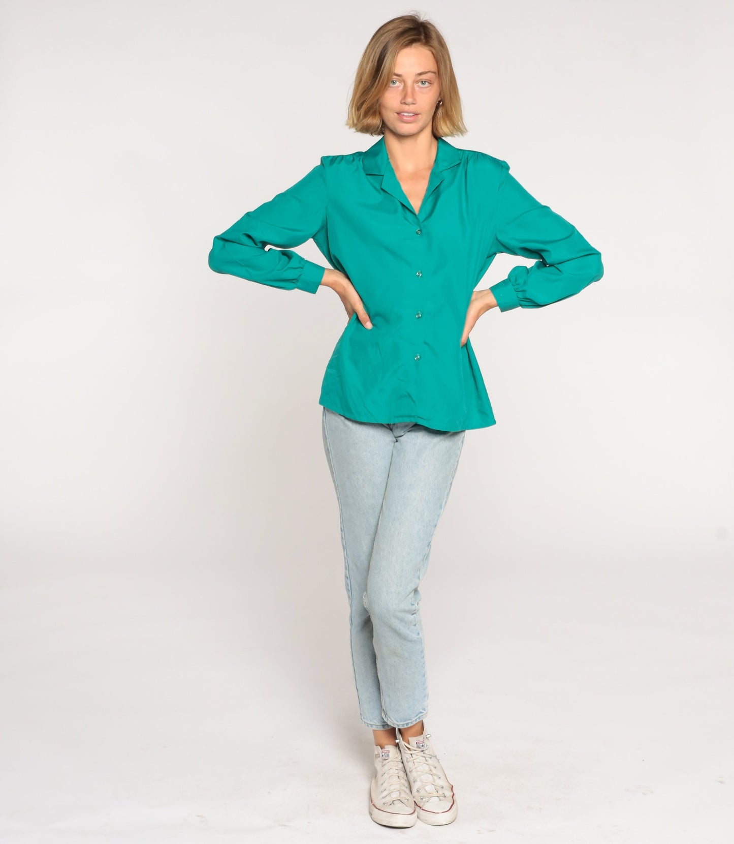 80s Green Button-Up Blouse Long Sleeve Collared Shirt Medium