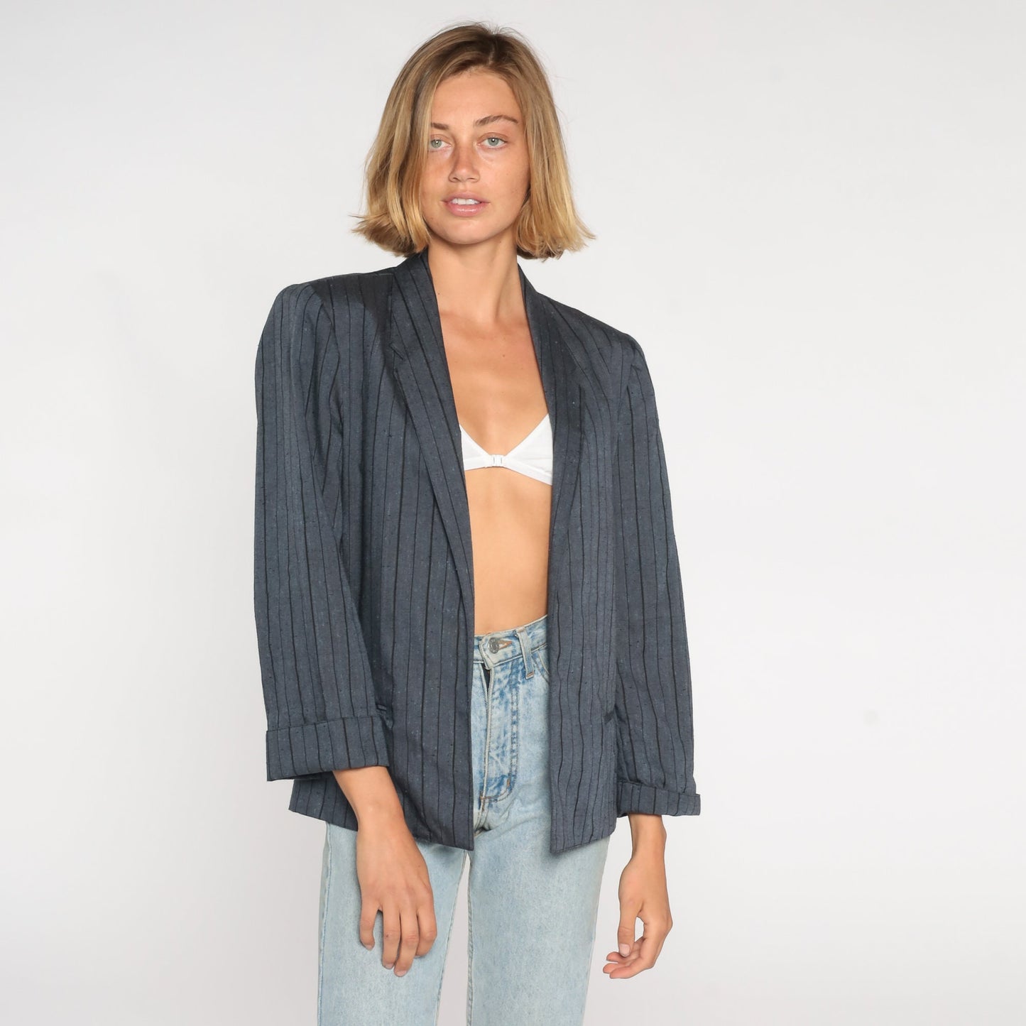 90s Grey Pinstripe Blazer Open Front Jacket Medium