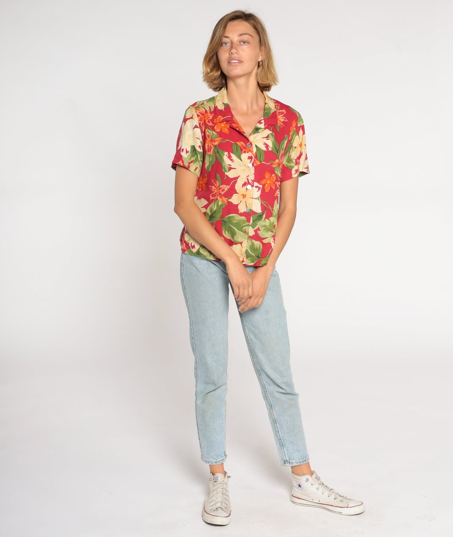00s Tropical Floral Button Up Blouse Red Orchid Leaf Print Silk Rayon Large