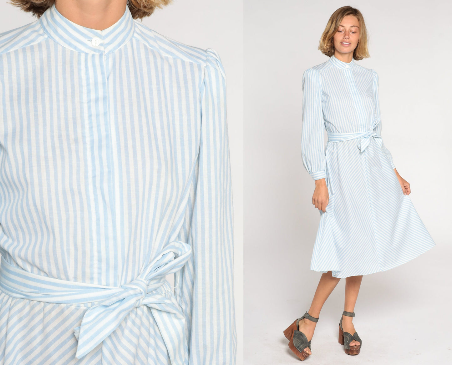 80s Blue White Striped Midi Shirtdress High Waist Puff Sleeve Medium