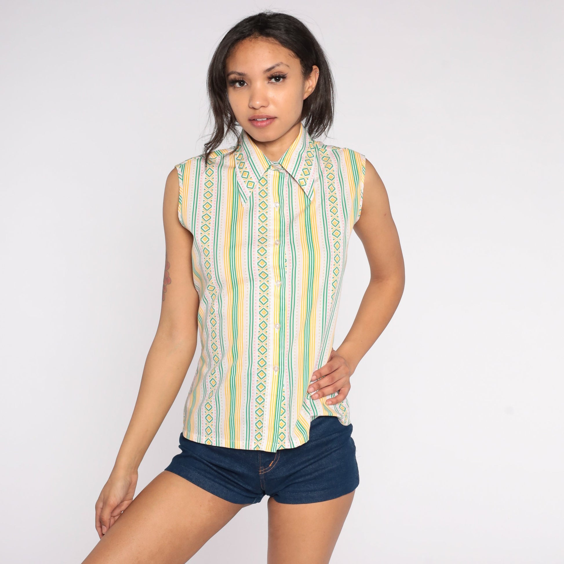 70s Aztec Stripe Sleeveless Blouse Green Yellow Button Front Small Medium