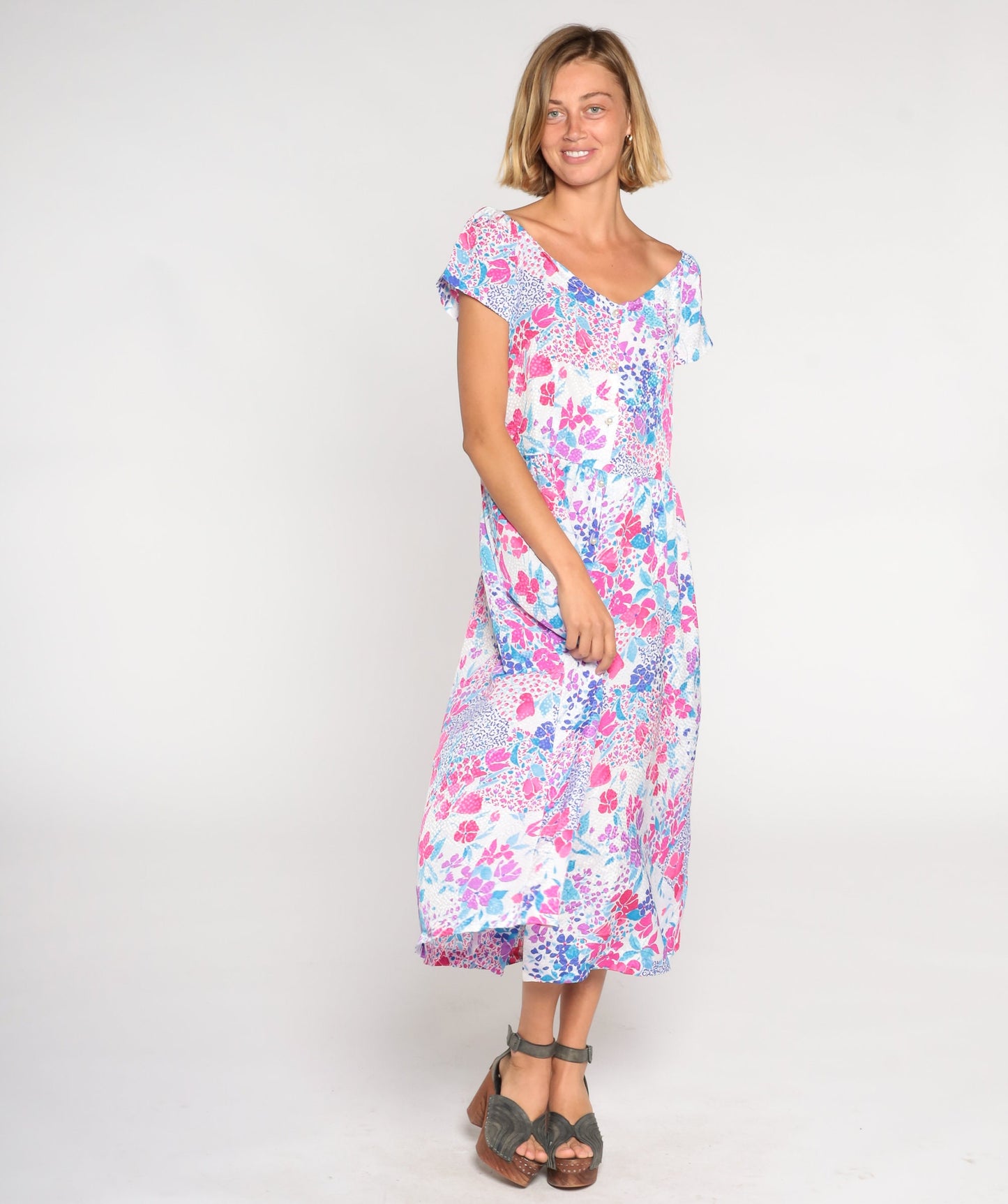80s Floral Midi Dress Pink Blue Purple Button-Up V-Neck Medium