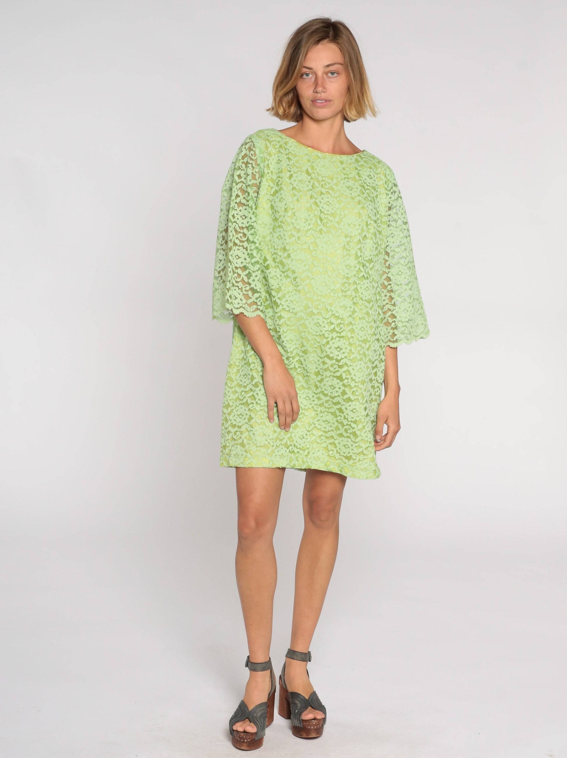 60s M'Lady Couture Lime Green Lace Mini Dress Shift Sheer Sleeve Large