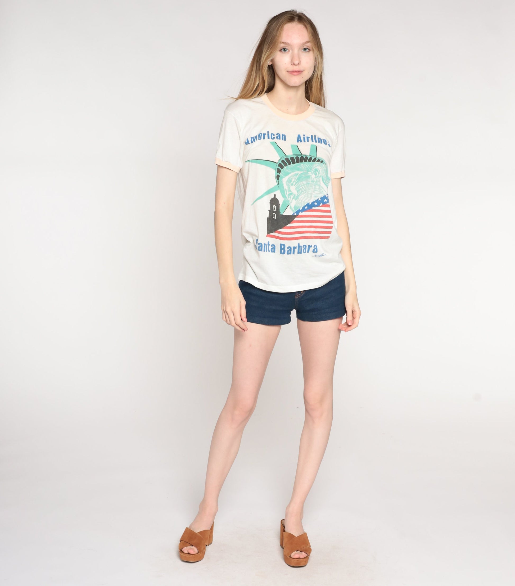80s American Airlines Santa Barbara Statue of Liberty Graphic T-Shirt Cotton Medium