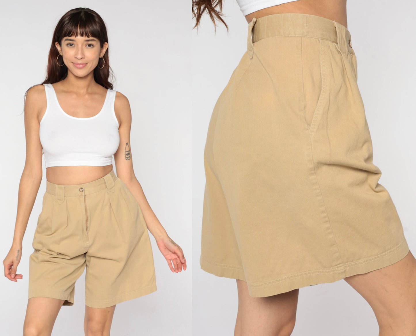 90s Khaki Pleated Bermuda Shorts High Waisted Wide Leg Cotton Small